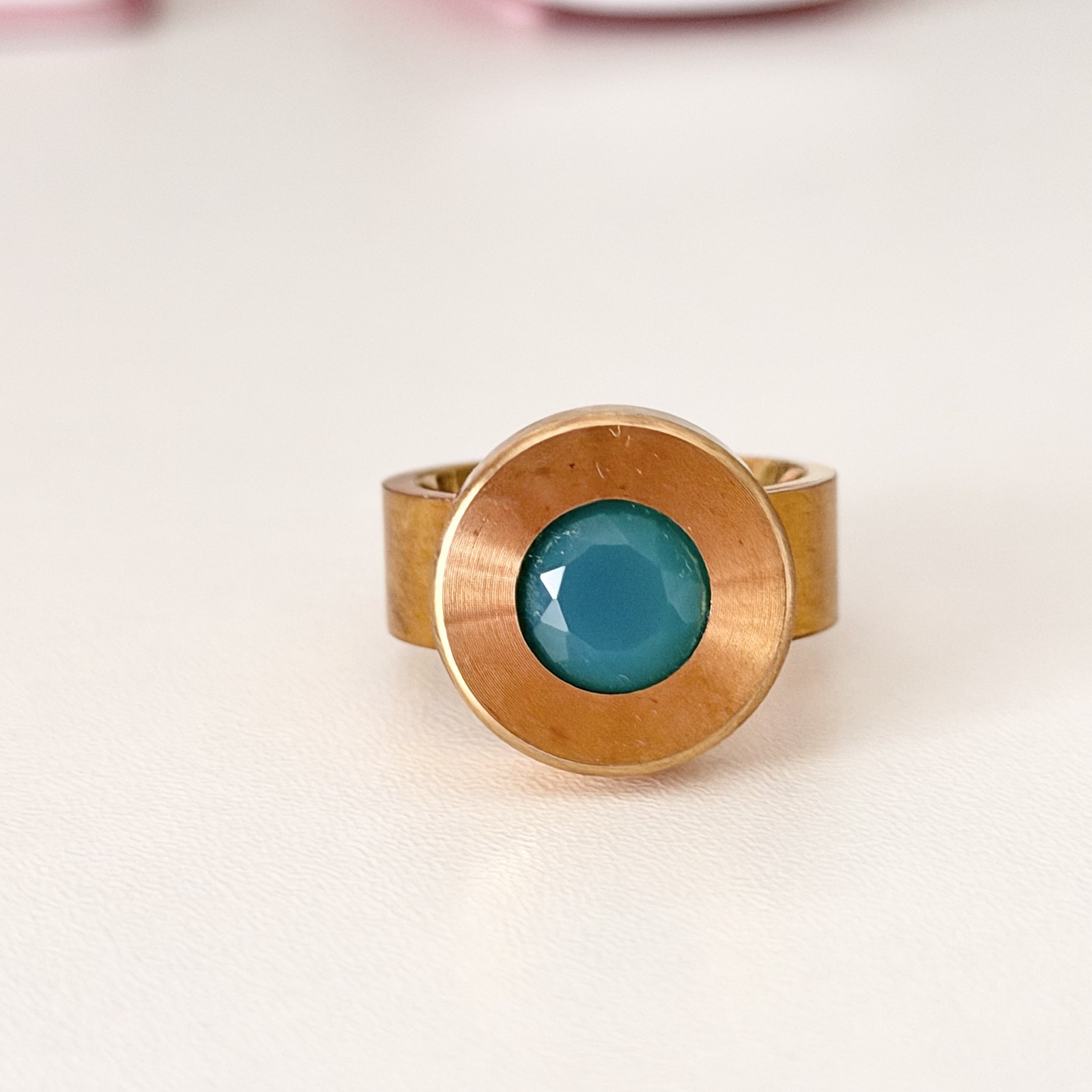 Ladies Blue Apatite Quartz Gold Plated Stainless Steel Chunky Band Ring Size 10