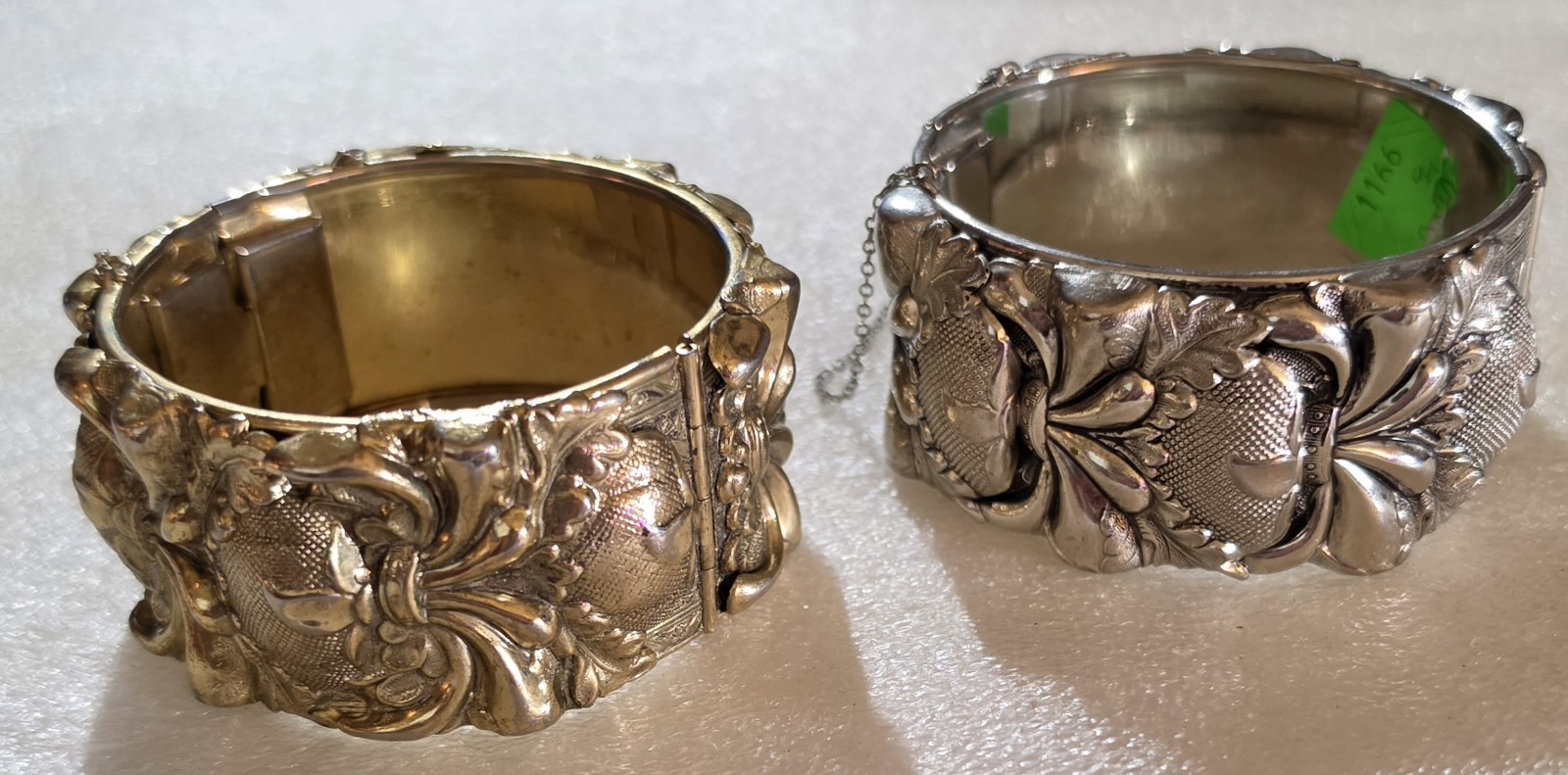 Vintage signed Vargas Whiting & Davis High Relief Hinged Cuff Bracelets