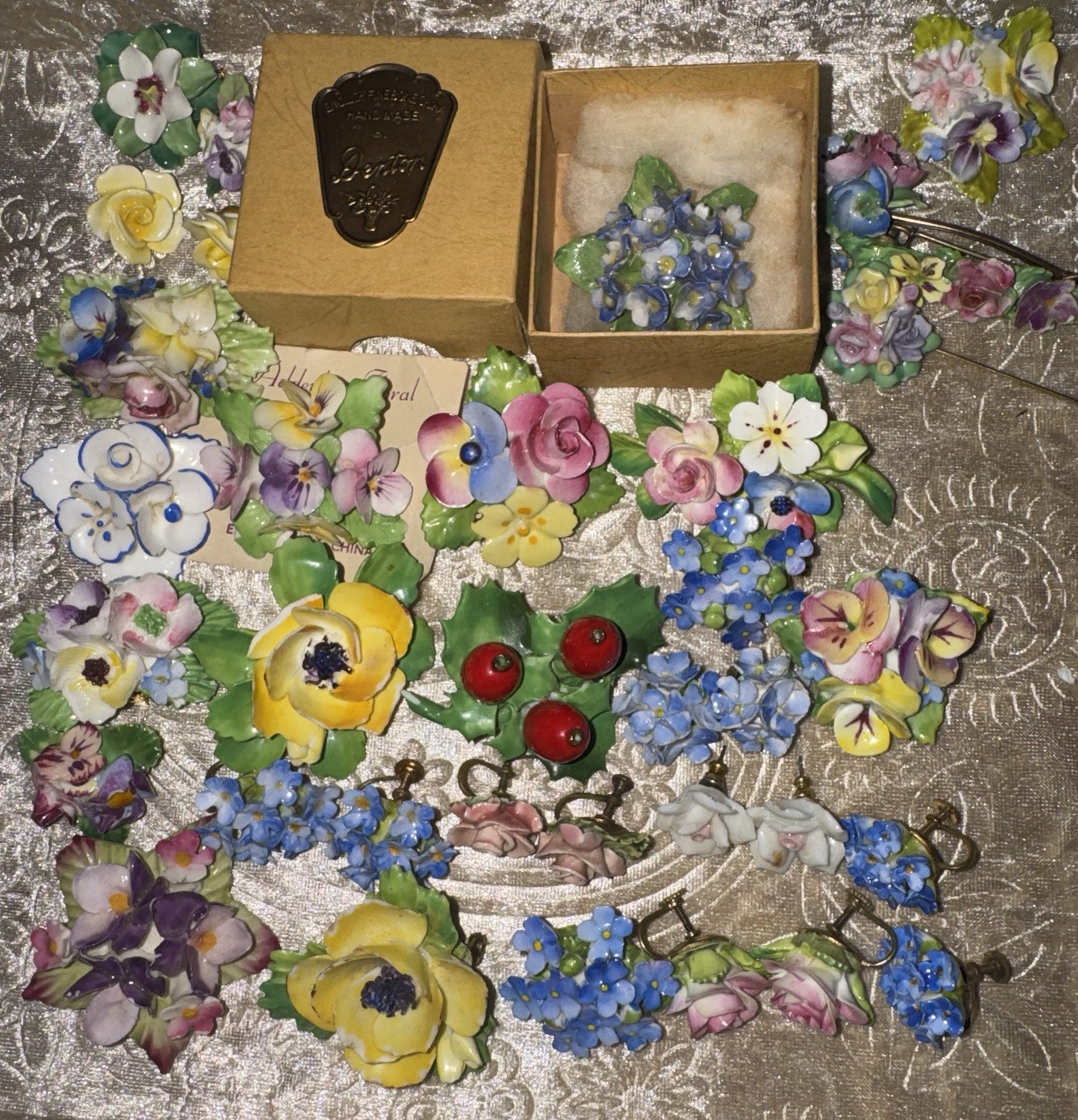 Vtg Jewelry Lot Signed English Fine Bone China Flower Art Brooch Earring Garden