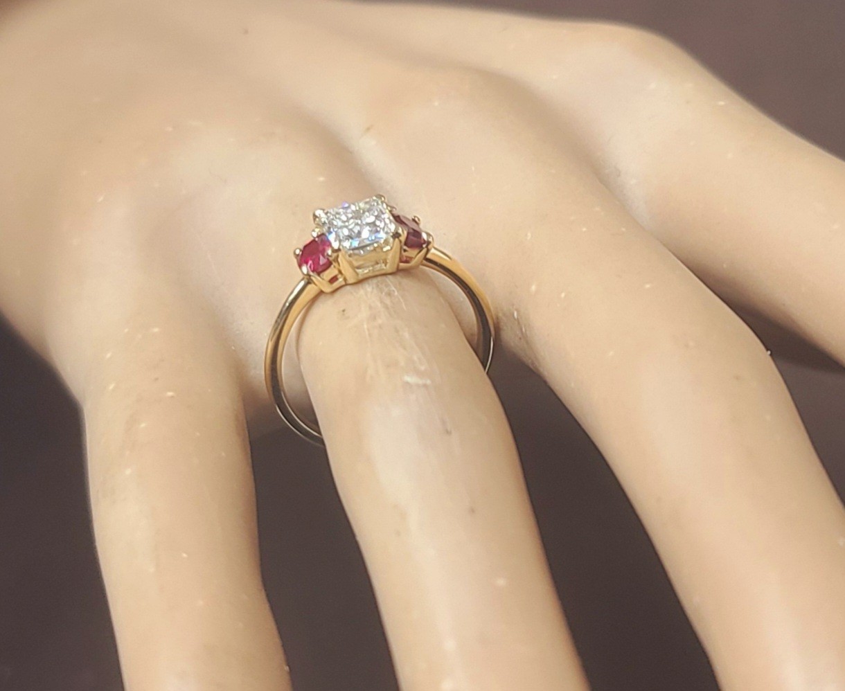 14K Yellow Gold Engagement Three Stone Ring 1.01CT.Natural Princess Cut Diamond