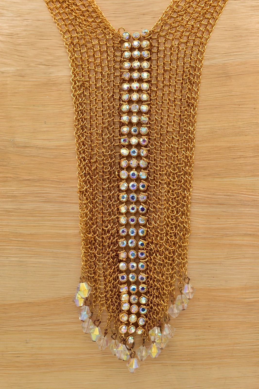 Felicia Vintage Gold Mesh Bib Necklace AB Rhinestone Crystal Fringe 1990s BinBN
