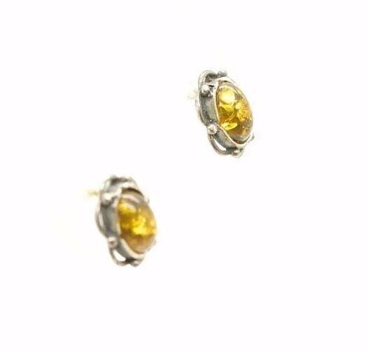 Vintage Sterling Silver Oval Amber Pierced Post Stud Earrings Scroll Framed