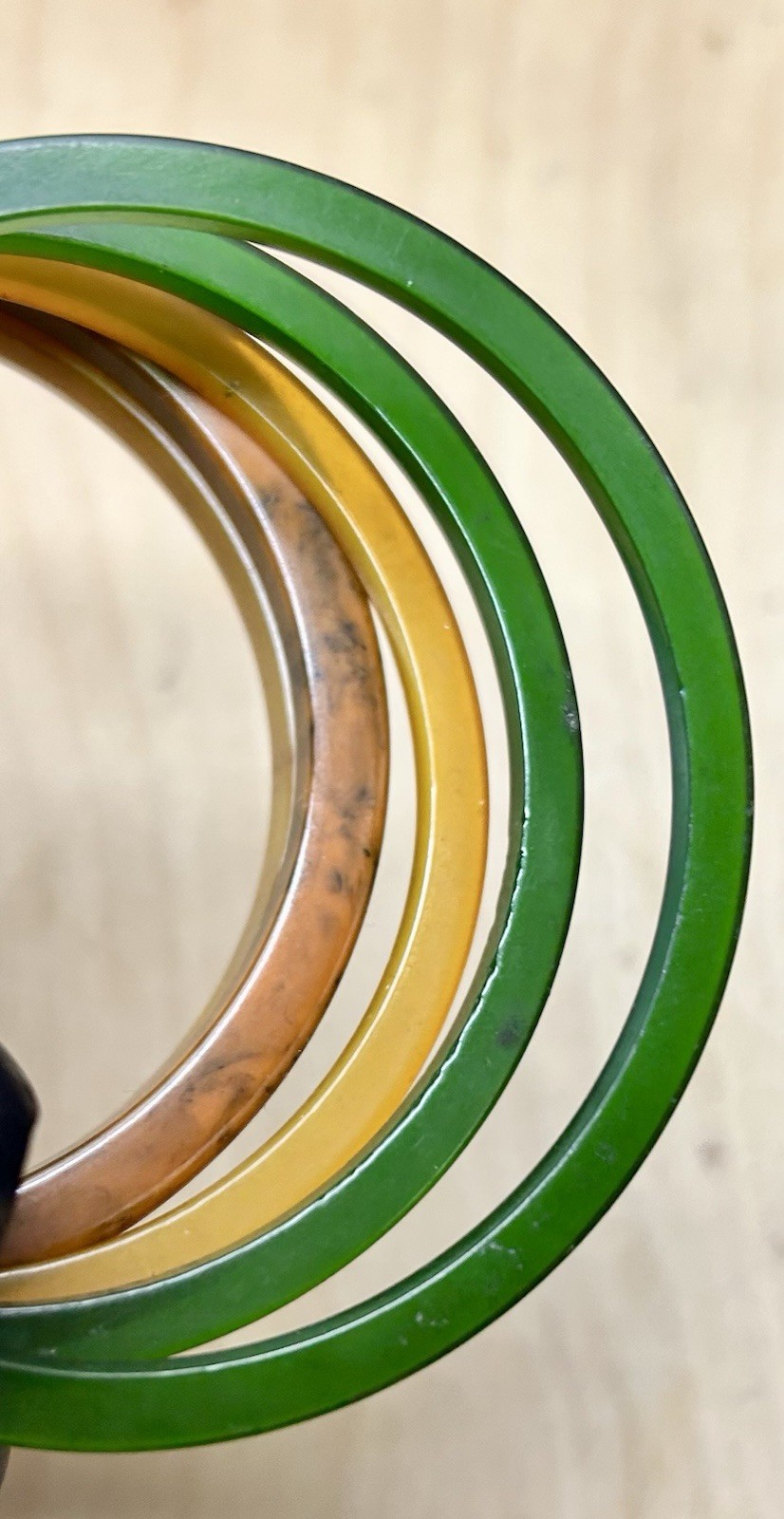 5 Vtg Tested Bakelite Thin Stackable Bangles Green, Orange Marbled Mid Century