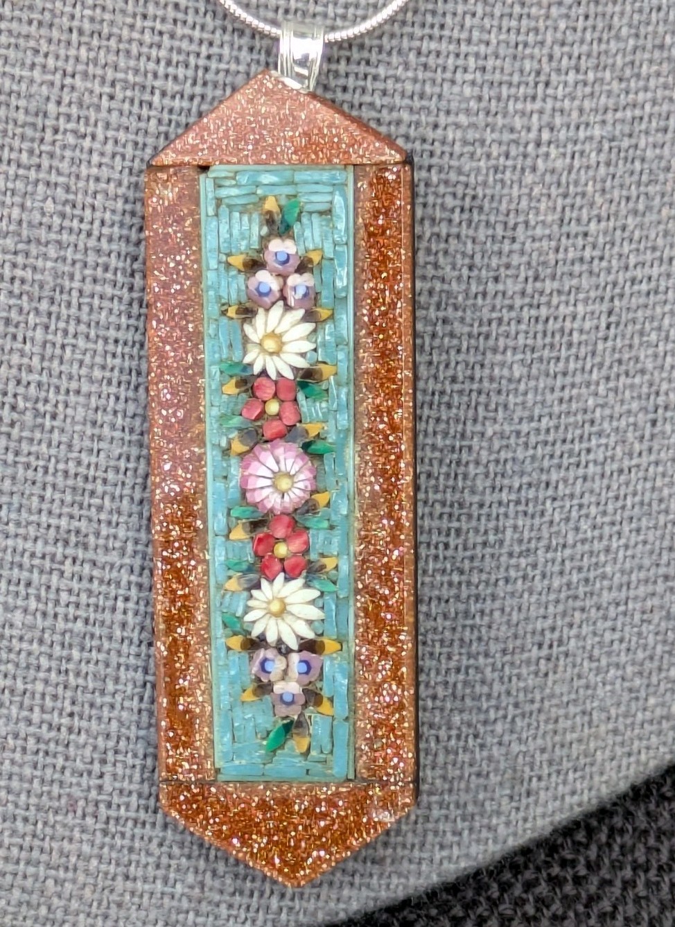 Antique Micro Mosaic Converted Pendant 16.5″ 925 Ster Silver Necklace AS IS D79