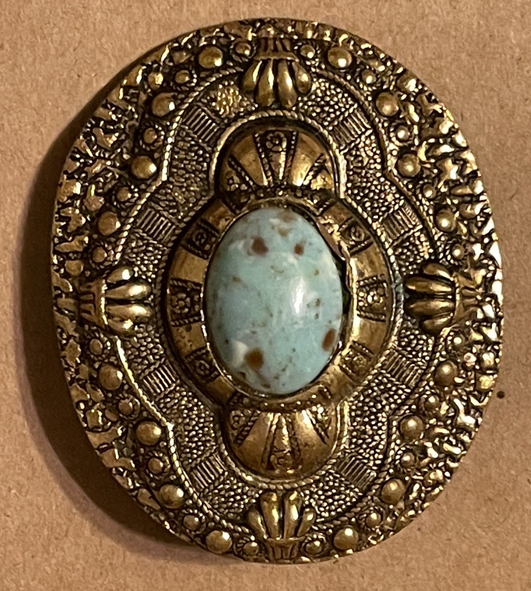Vintage Brass & Faux Robin Egg Turquoise Brooch Pin Ornate Victorian Style