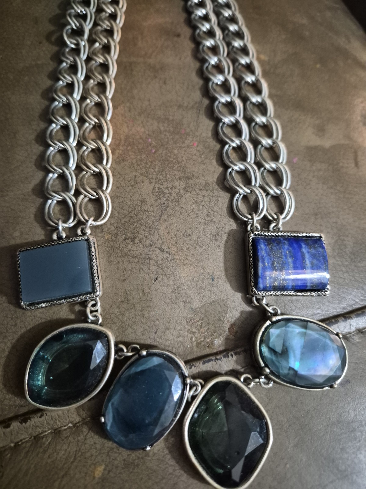 Chico’s Signed Blue Statement Necklace Chunky Silver Multi Strand Vintage 18″-21