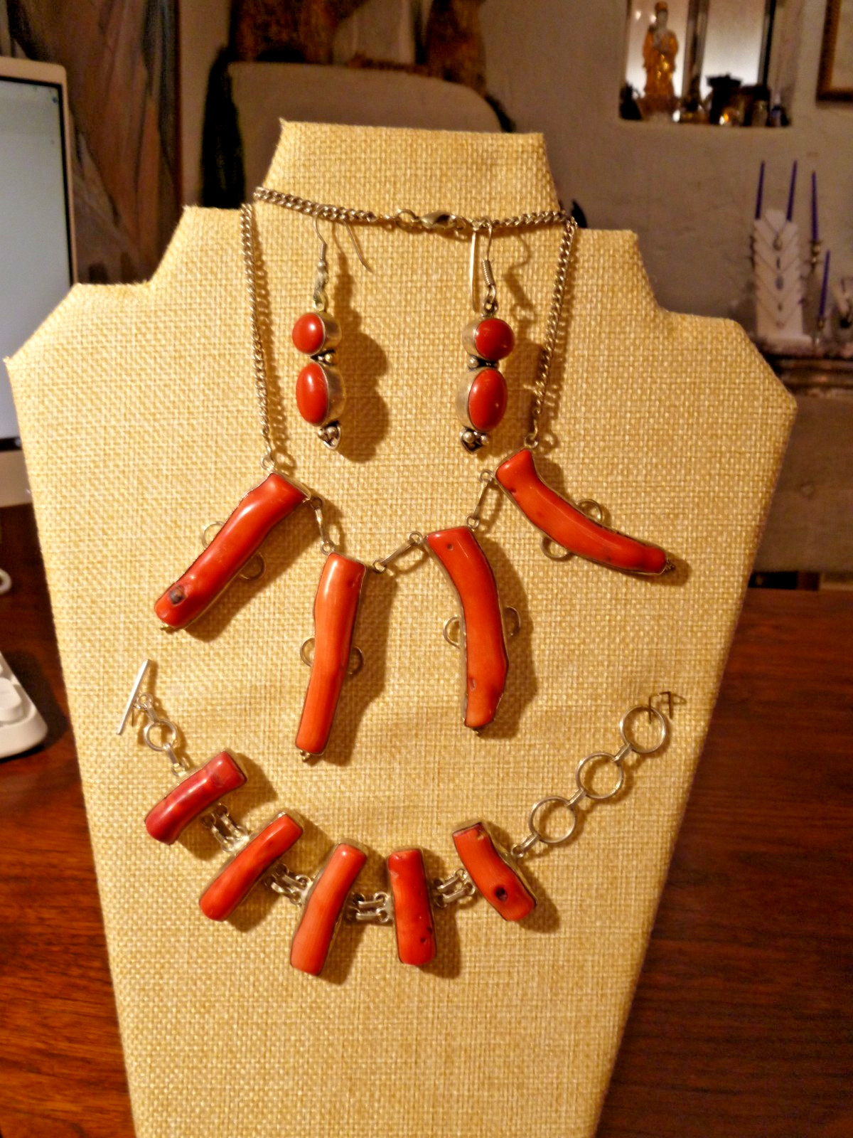 Contemporary Branch Raw Coral Necklace Bracelet Earrings Set On Sterling Silver