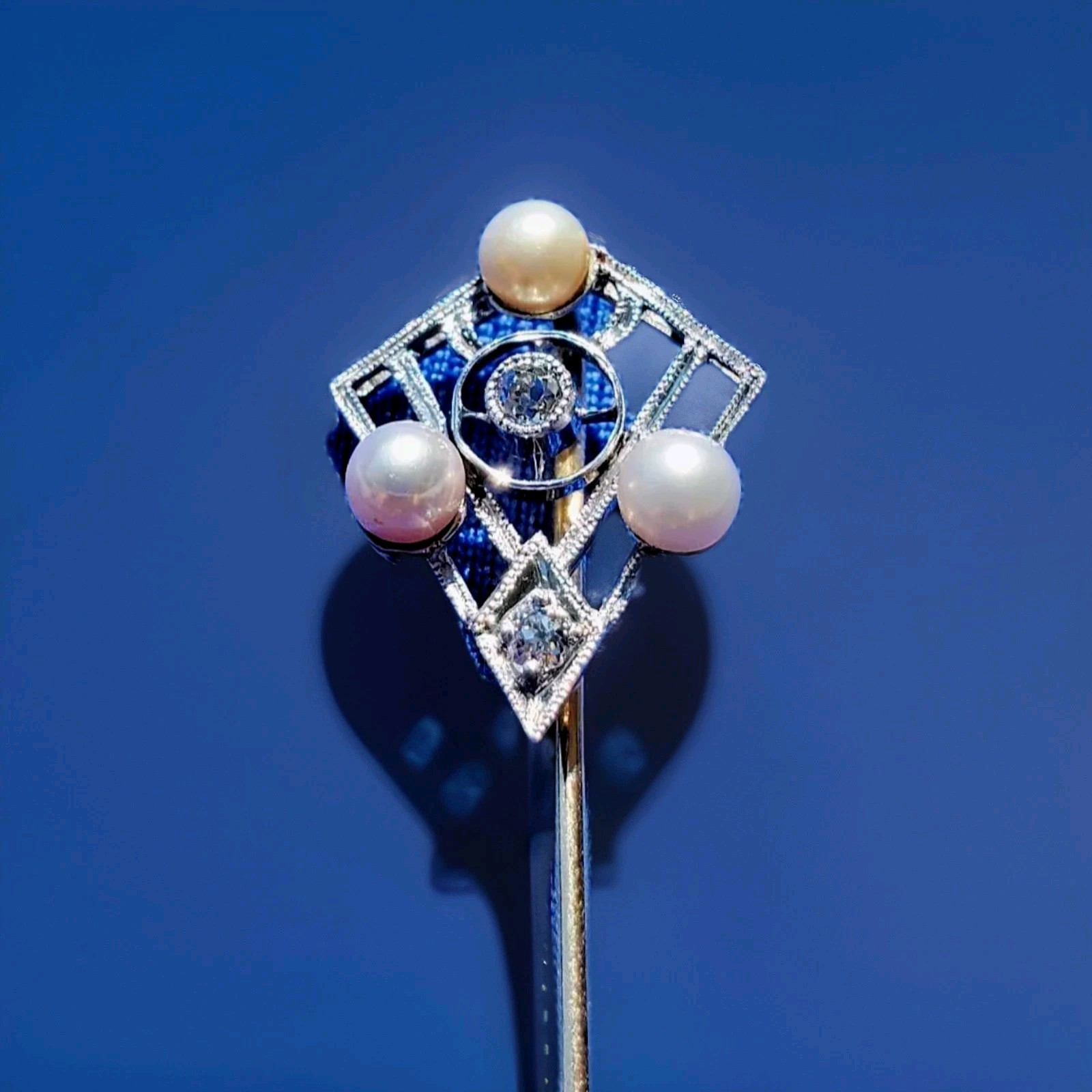 Original EARTH MINED DIAMOND Deco Gatsby era Pin Vintage Pearl 14K WHITE GOLD