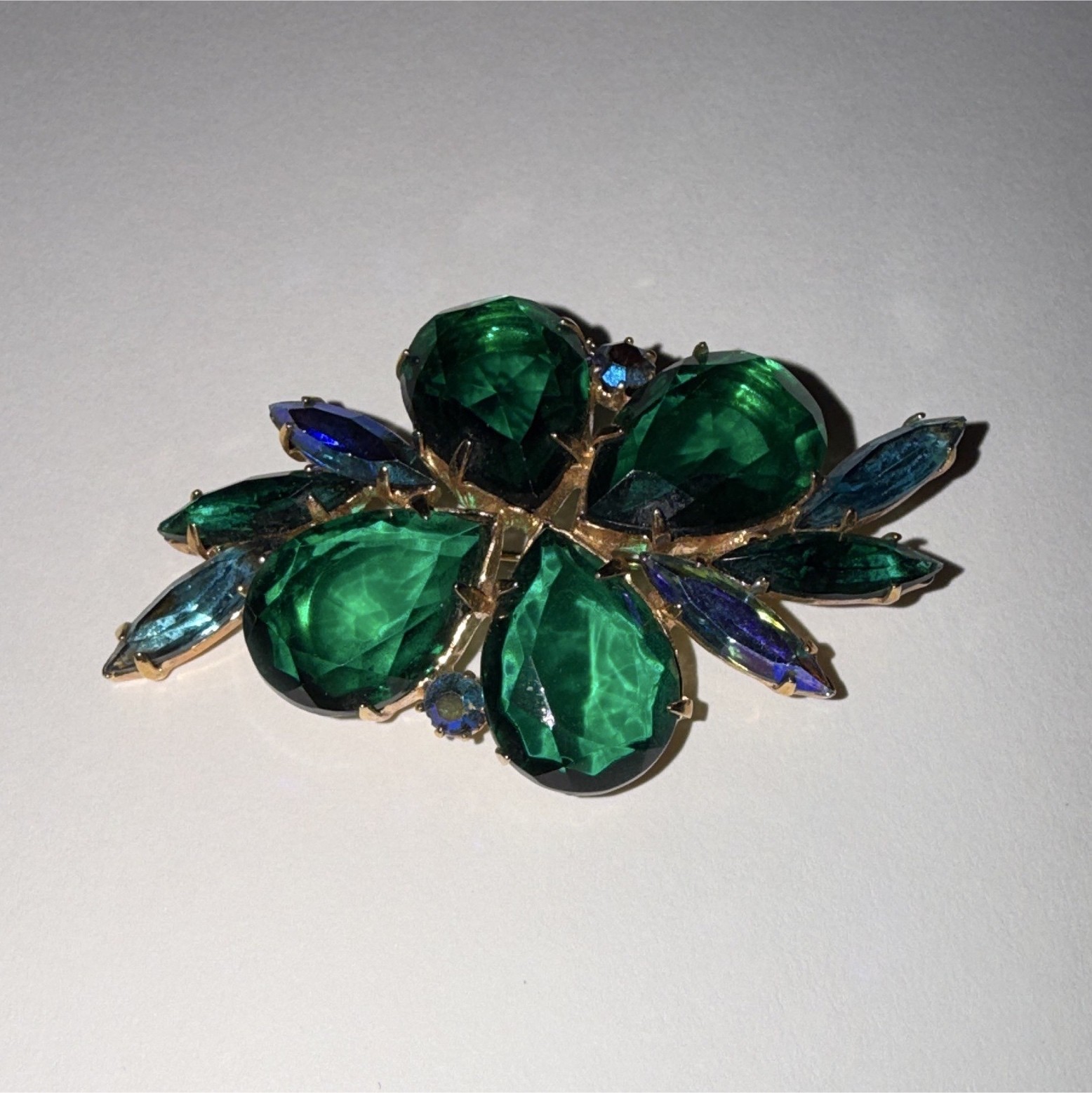 Vintage Green Flower Pearcut Large Center Rhinestone Framed by Navette