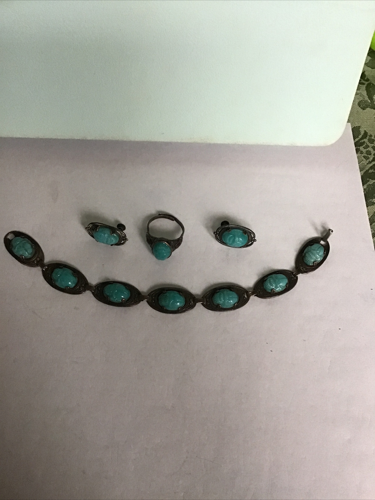 Art Deco Egyptian Revival Matching Scarab Beetle Bracelet/Sterling Ring/Earrings