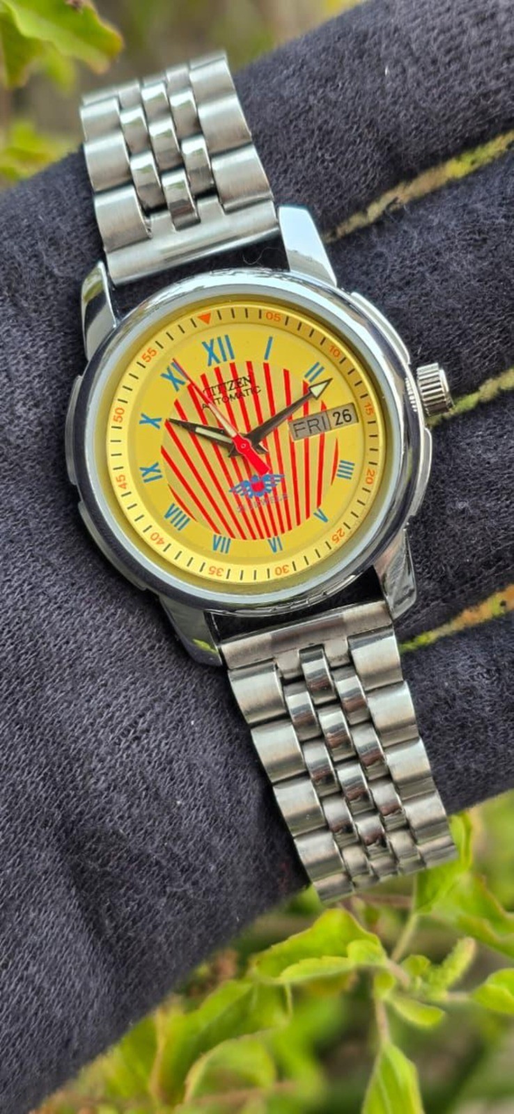 Vintage Citizen Automatic Transparent Back men Steel Day Date 21 Jewels Japanese