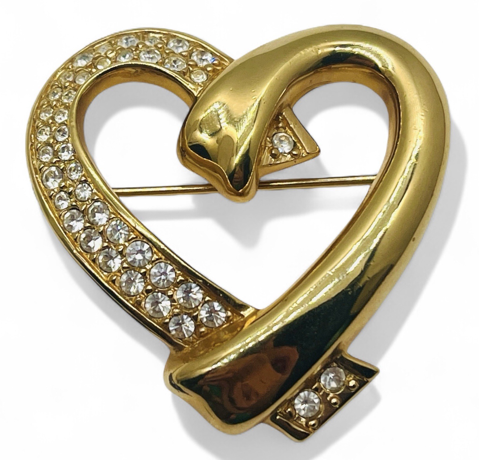 Vintage Signed Swarovski Swan Mark Crystal Rhinestone Gold Heart Brooch w/Box