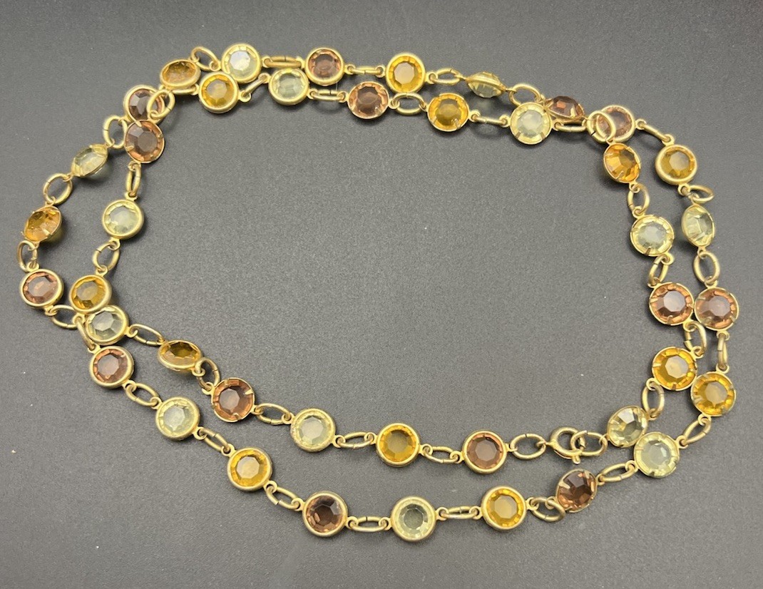 Vintage Gold Tone Orange Pink And Yellow Faceted Prong Set Glass 30” Necklace