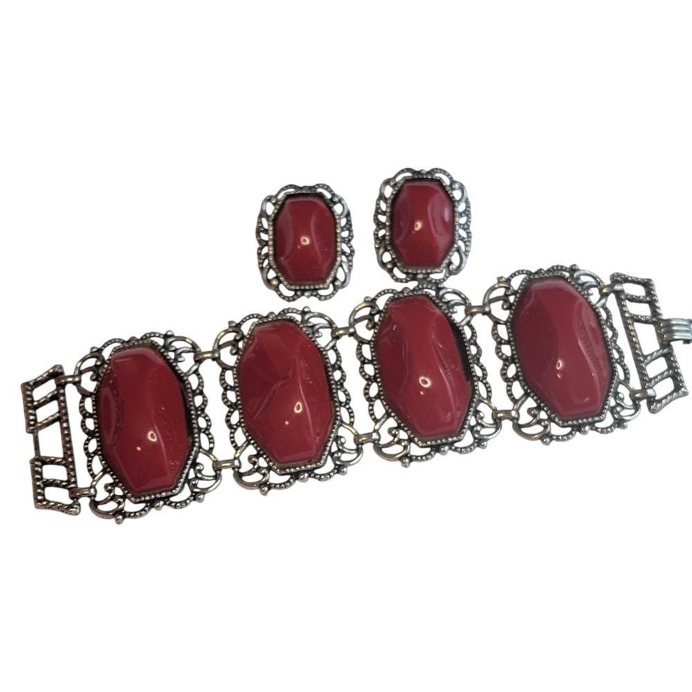 Vintage Red Cabochon Panel Bracelet & Clip Earrings Set Silver Tone Filigree