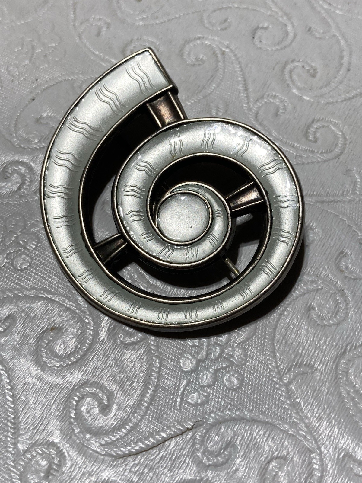 J Tostrup Sterling Guilloche Bright White Enamel Modernist Spiral Brooch/Pin VTG