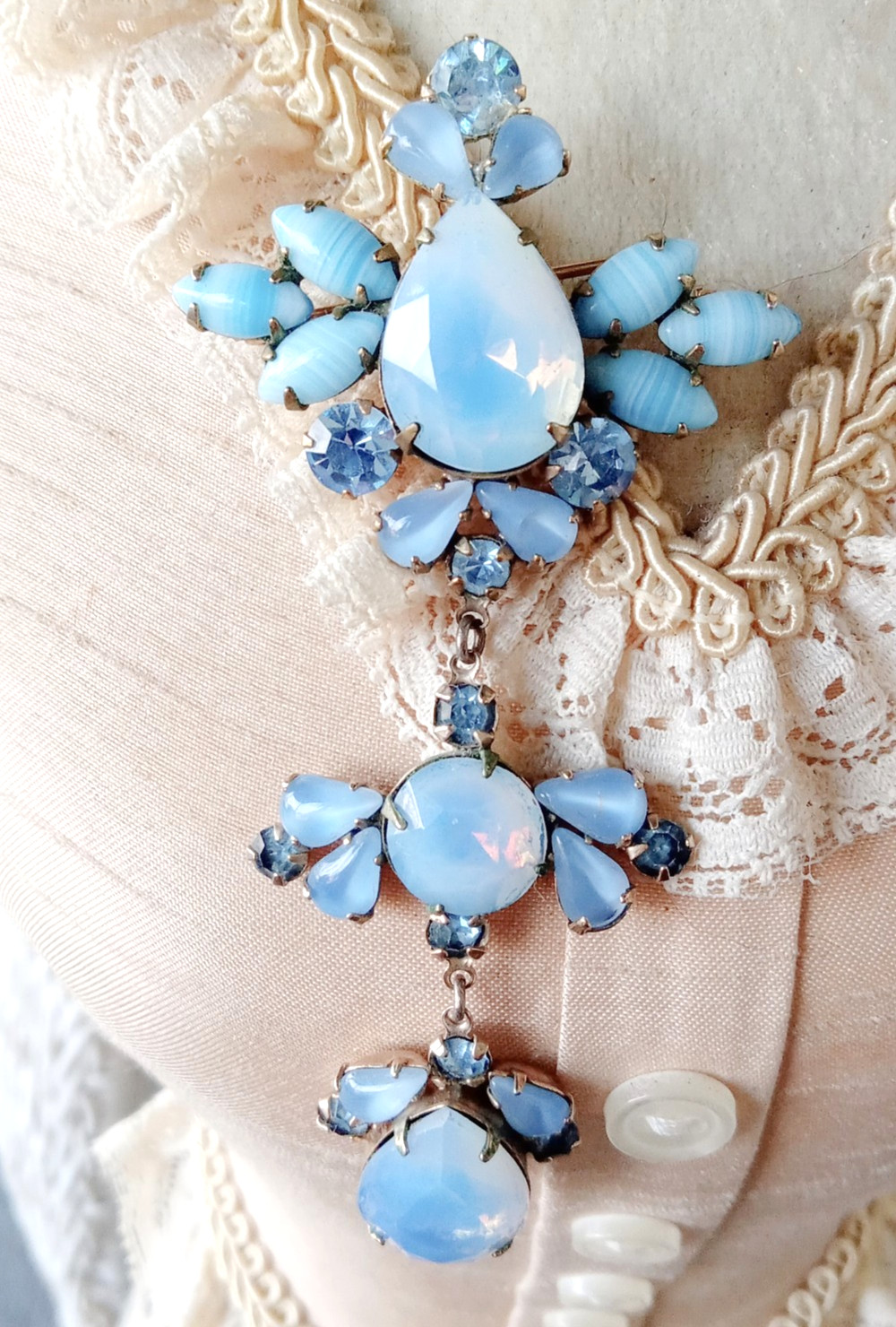 Vintage Powder Blue Opalescent Striped Art Glass Rhinestone Dangle Brooch