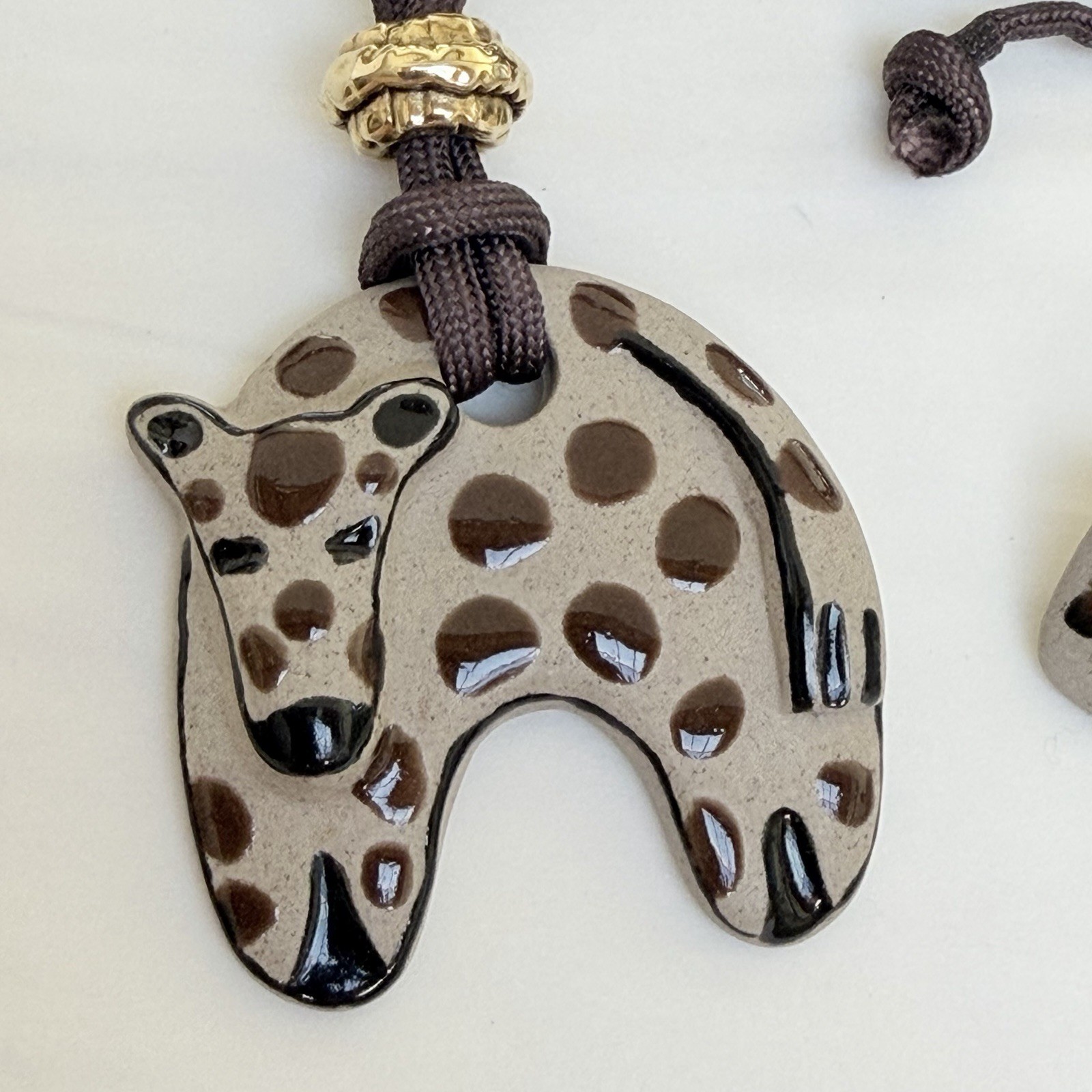 Vintage Ceramic Cat Cheetah Calderon Signed Necklace Clip On Earrings Set Gift