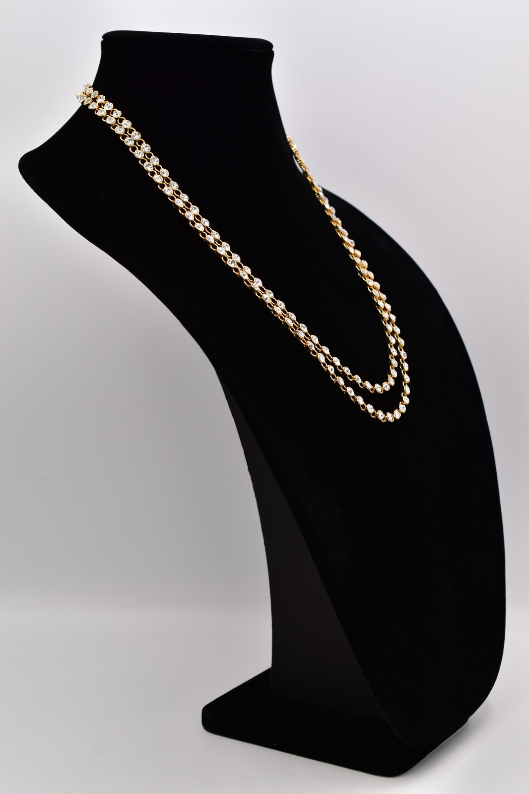 Vintage 50″ Gold Tone Clear Rhinestone Long Necklace Sparkle Crystal 1990s Bin3D