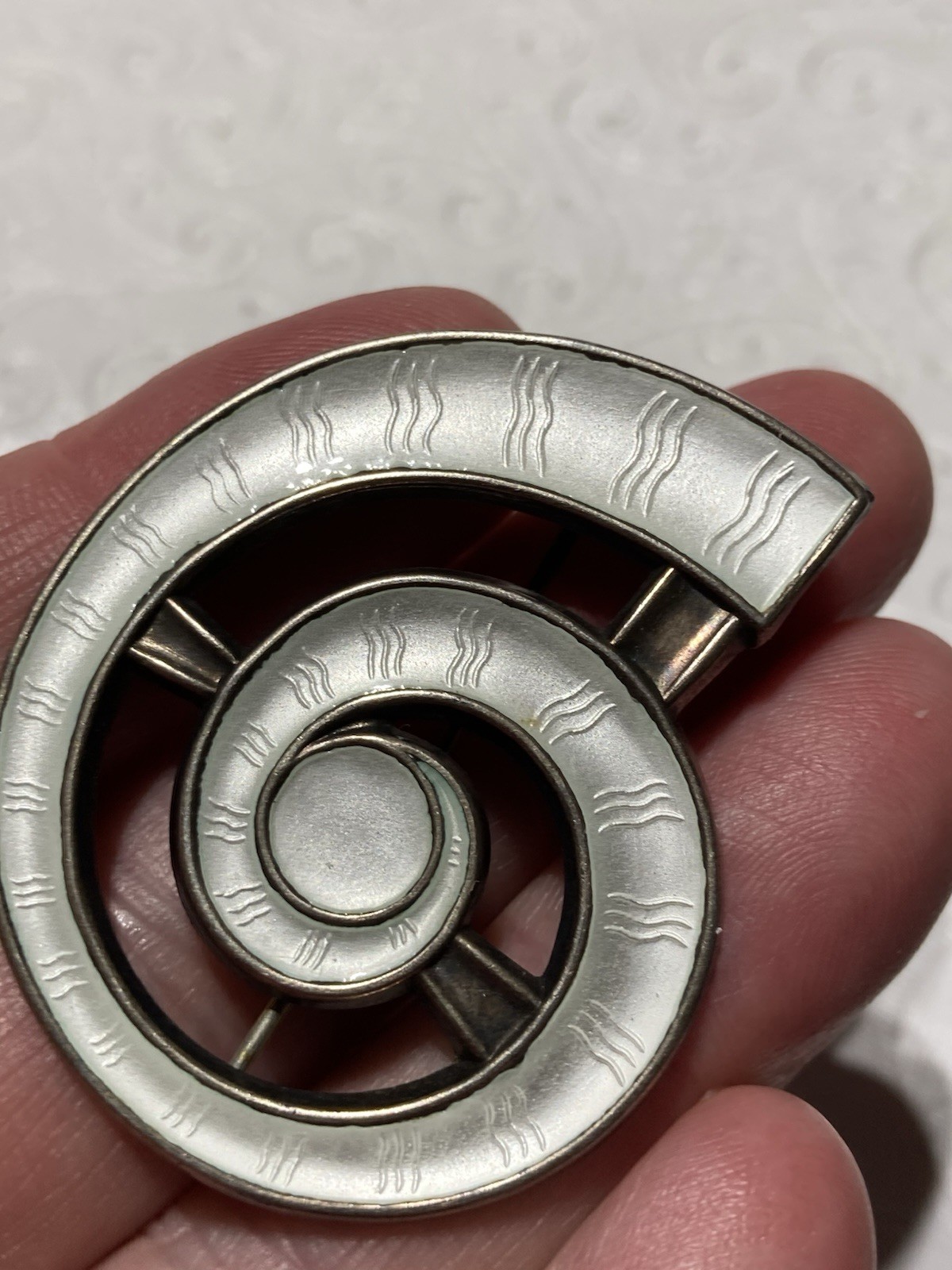 J Tostrup Sterling Guilloche Bright White Enamel Modernist Spiral Brooch/Pin VTG