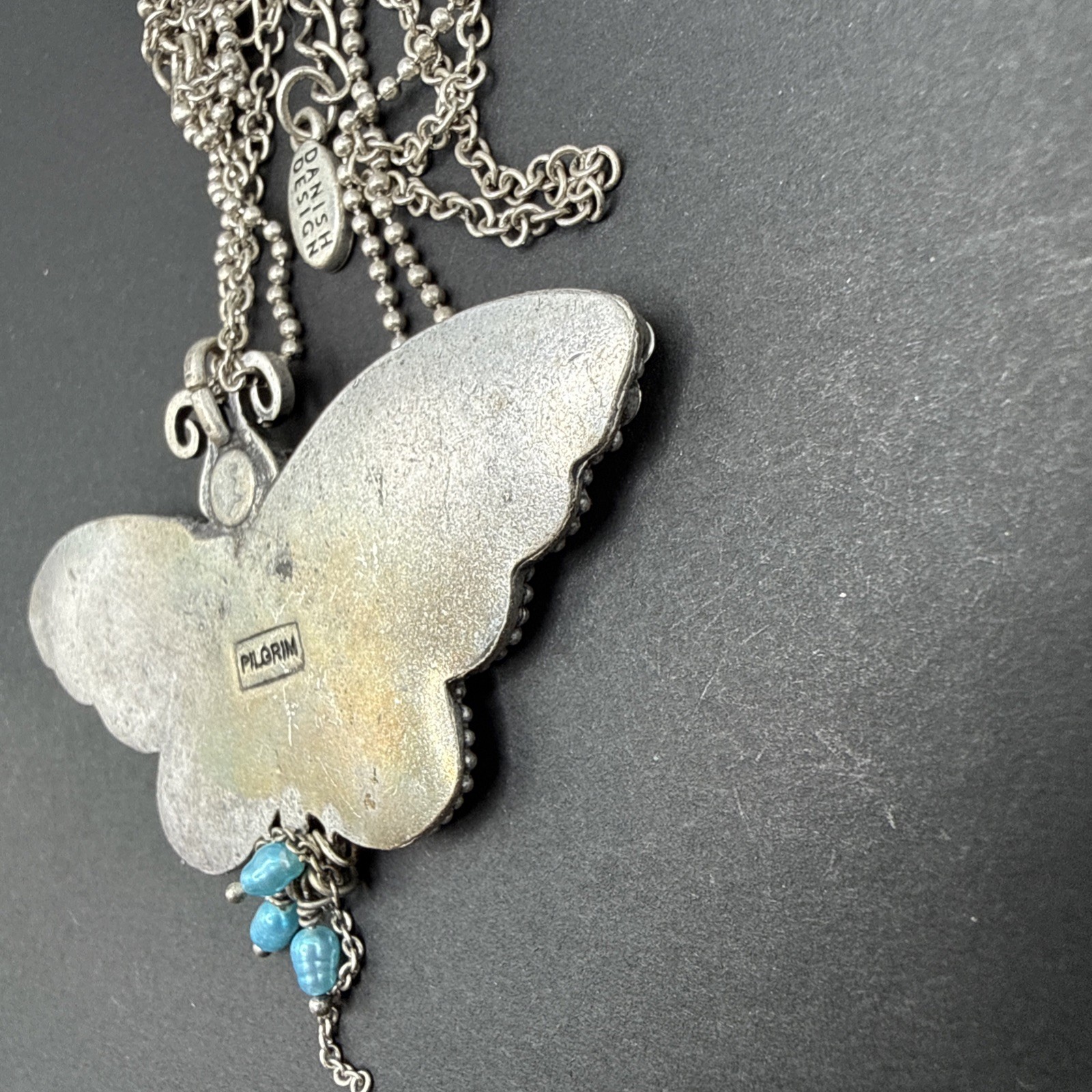 Pilgrim Danish Design Signed Butterfly Necklace Silver Tone C81c
