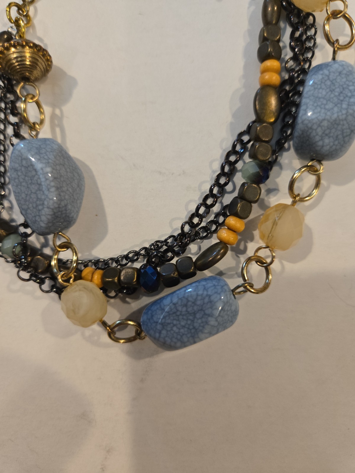 Vintage Gold Tone Multi Strand Bracelet With Blue, Wood, And Tan