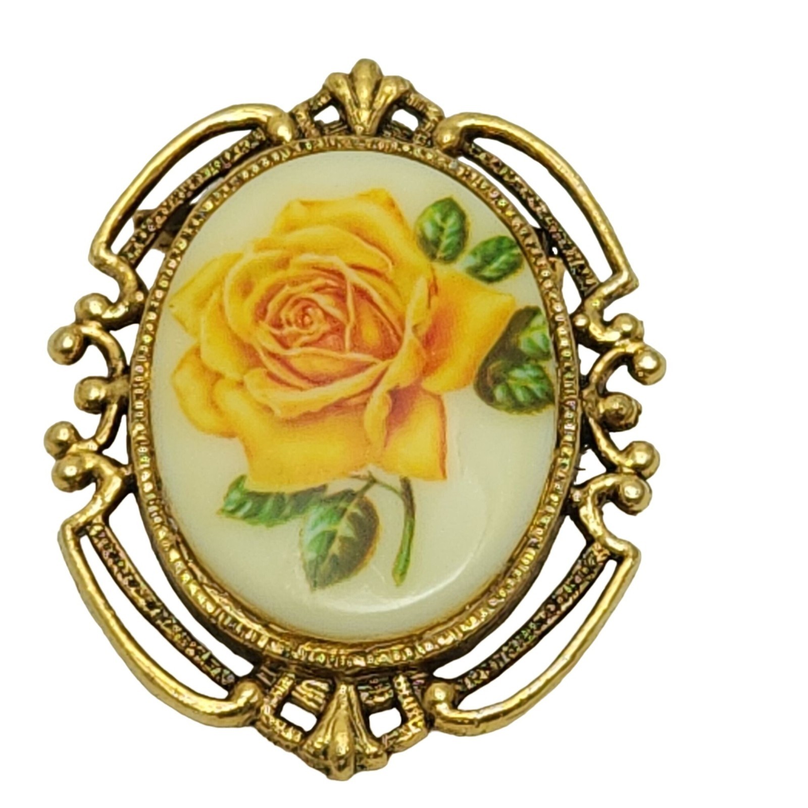 Vintage Yellow Rose Cameo Brooch Gold Tone Ornate Pin Romantic Gift for Her