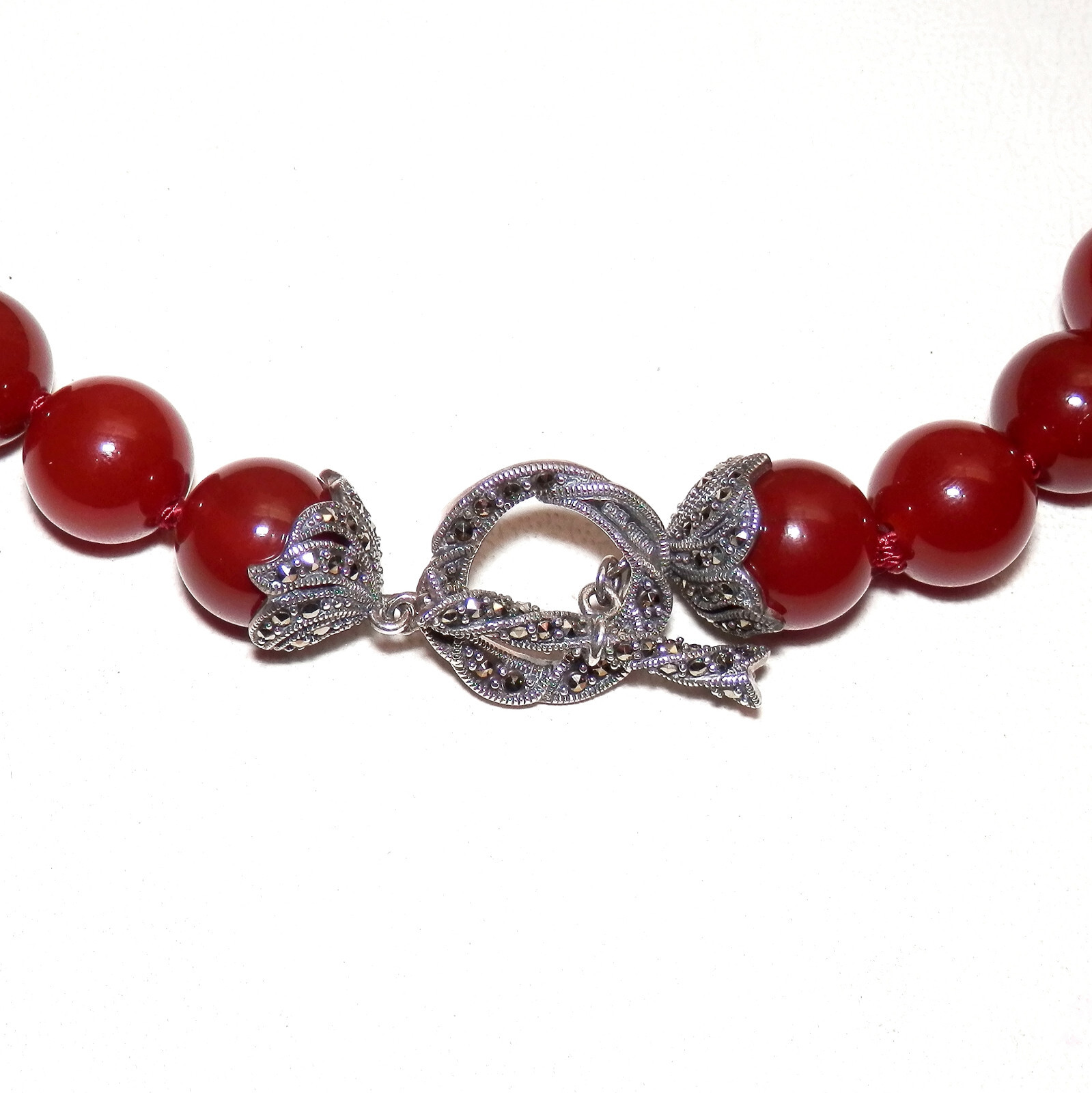 Carnelian & Marcasite 925 Sterling Silver Beaded Knotted 12mm Vntg Necklace 20in