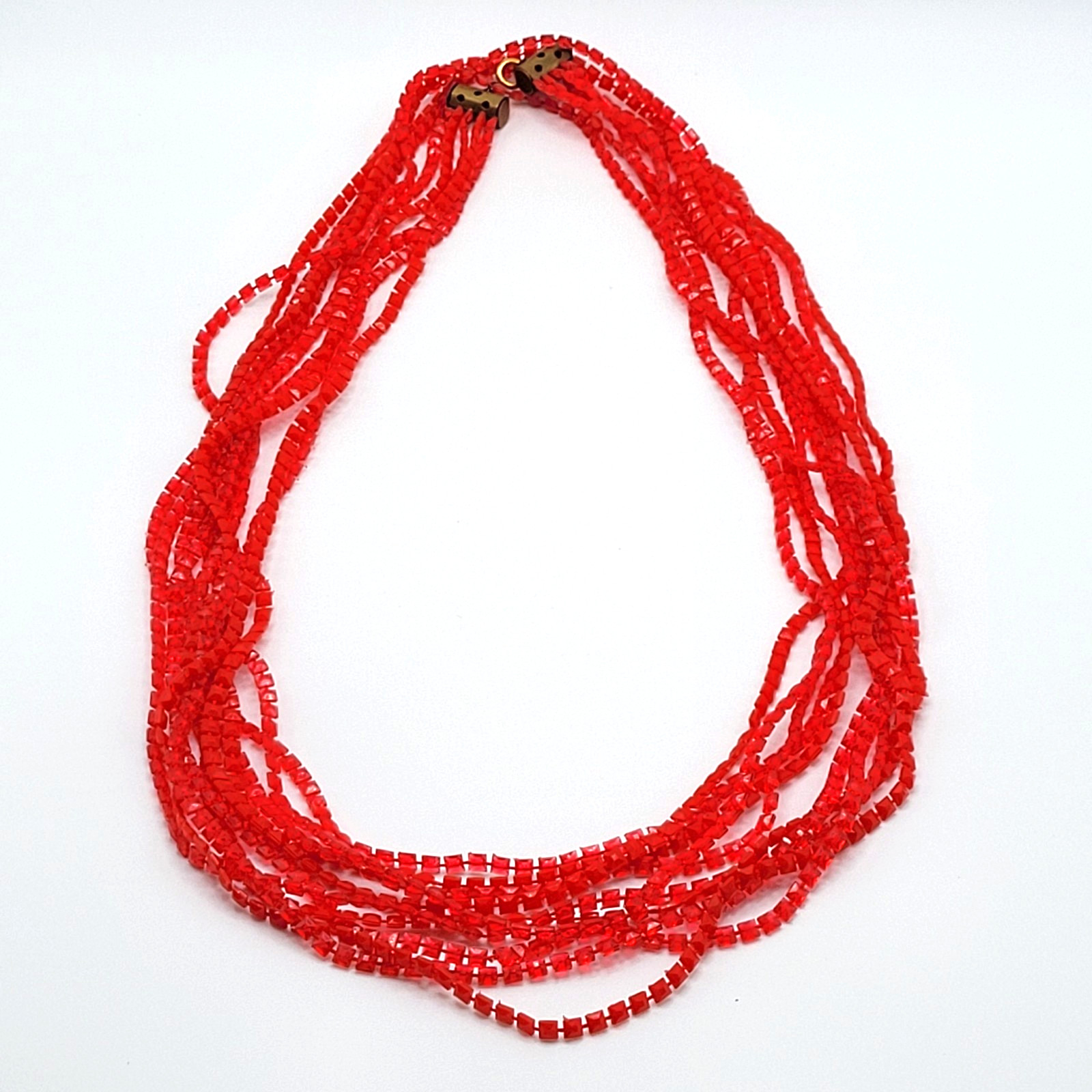 Vintage Red Multi Strand Plastic Square Beaded Solid & Clear Bead Necklace 48 In