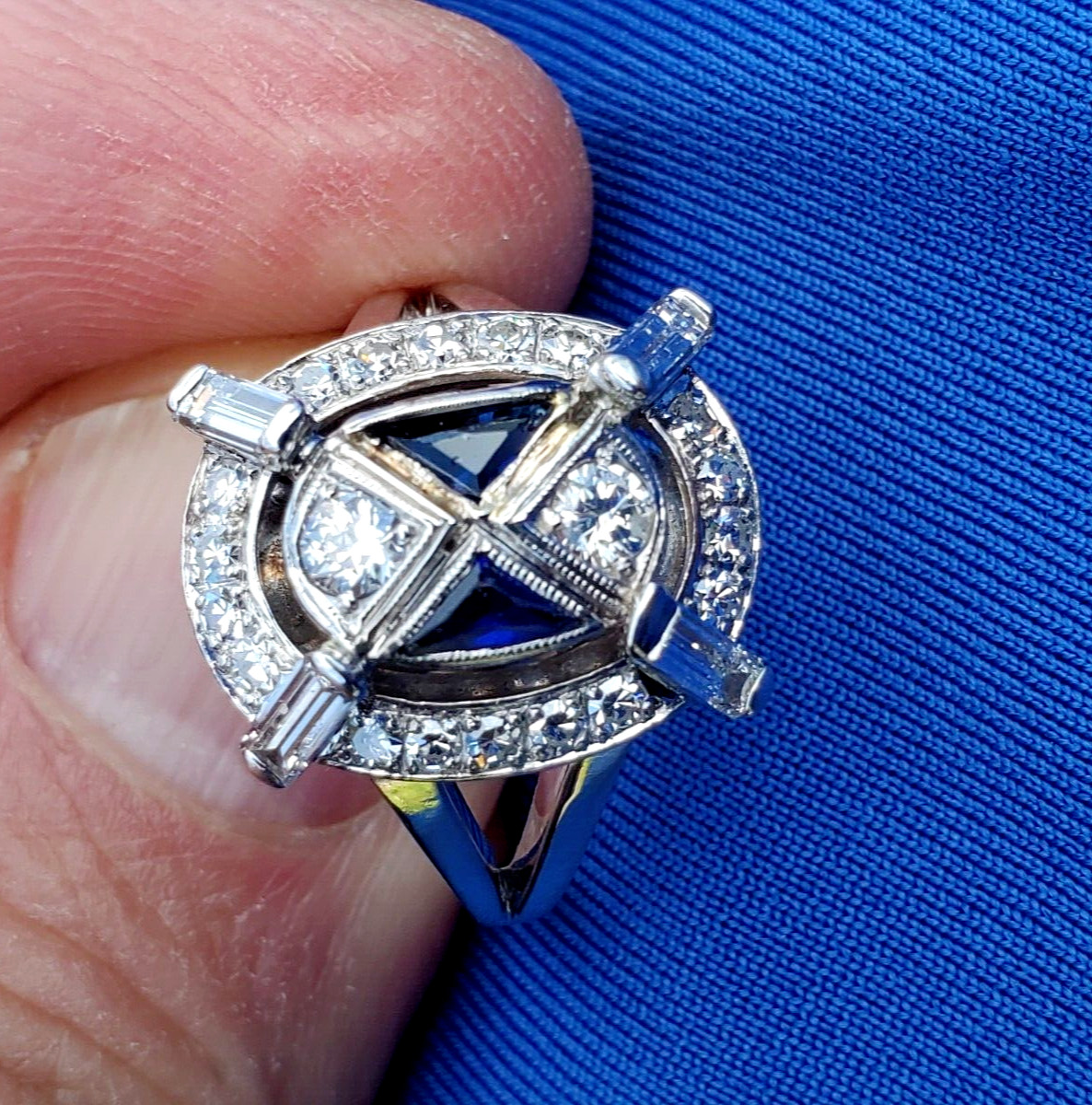 Original EARTH MINED DIAMOND Deco Sapphire Engagement Ring Vintage 18K GOLD