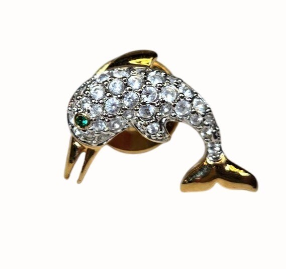 VTG Signed Swarovski Crystal Green-Eyed Dolphin Pin/Tie Tack mini brooch VERY RA
