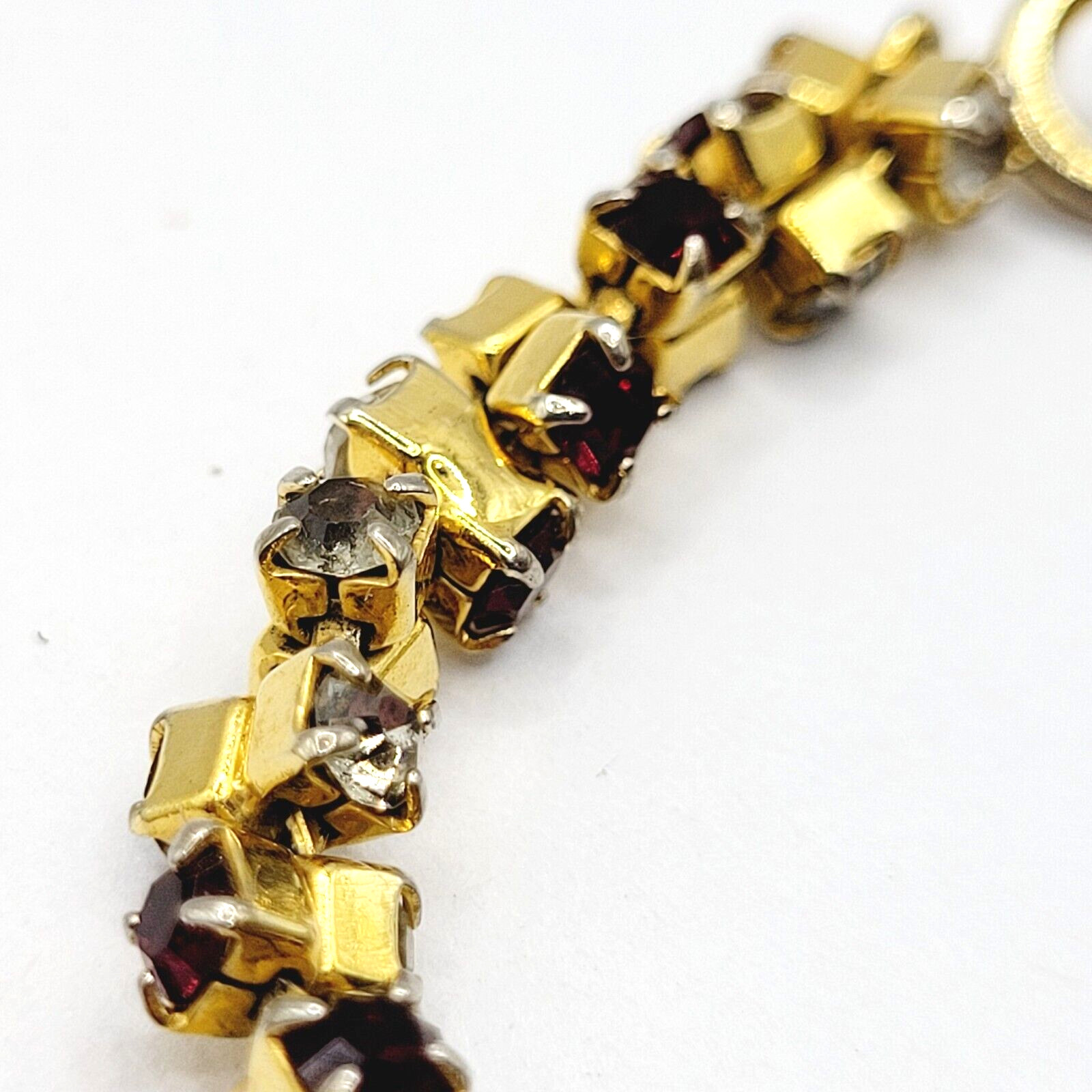 Unique Slightly Brutalist Style Gold Plated Bracelet Red White Rhinestone 7.5 In