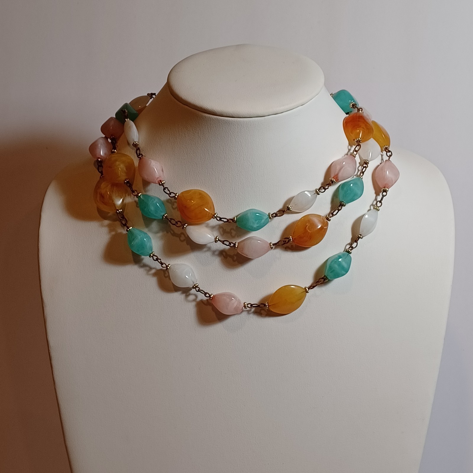 Pastel Marbled Plastic Resin Vtg Bead Chain Necklace 54in Pink, Mint, Amber, Wht