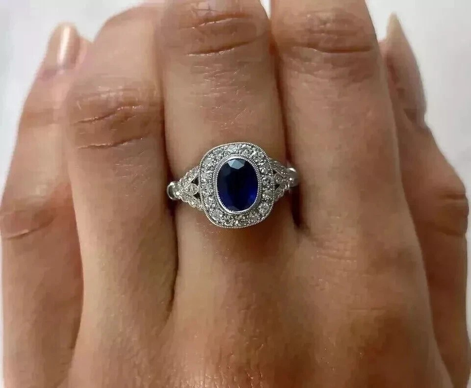 Art Deco 2.25Ct Oval Sapphire & Lab Created Diamond 925 Silver Engagement Ring