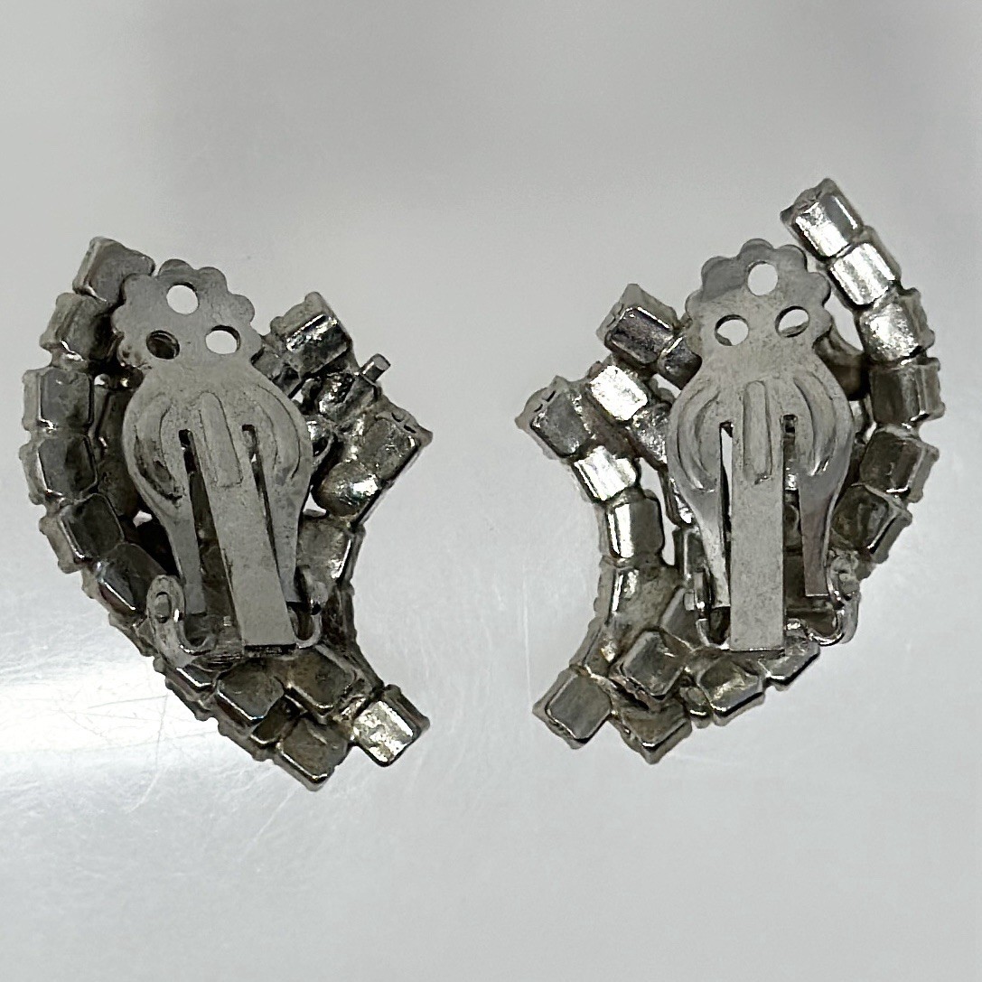 Vtg Unmarked Kramer Gray Rhinestone Cat Eye Cabochon Brooch Clip On Earrings Set