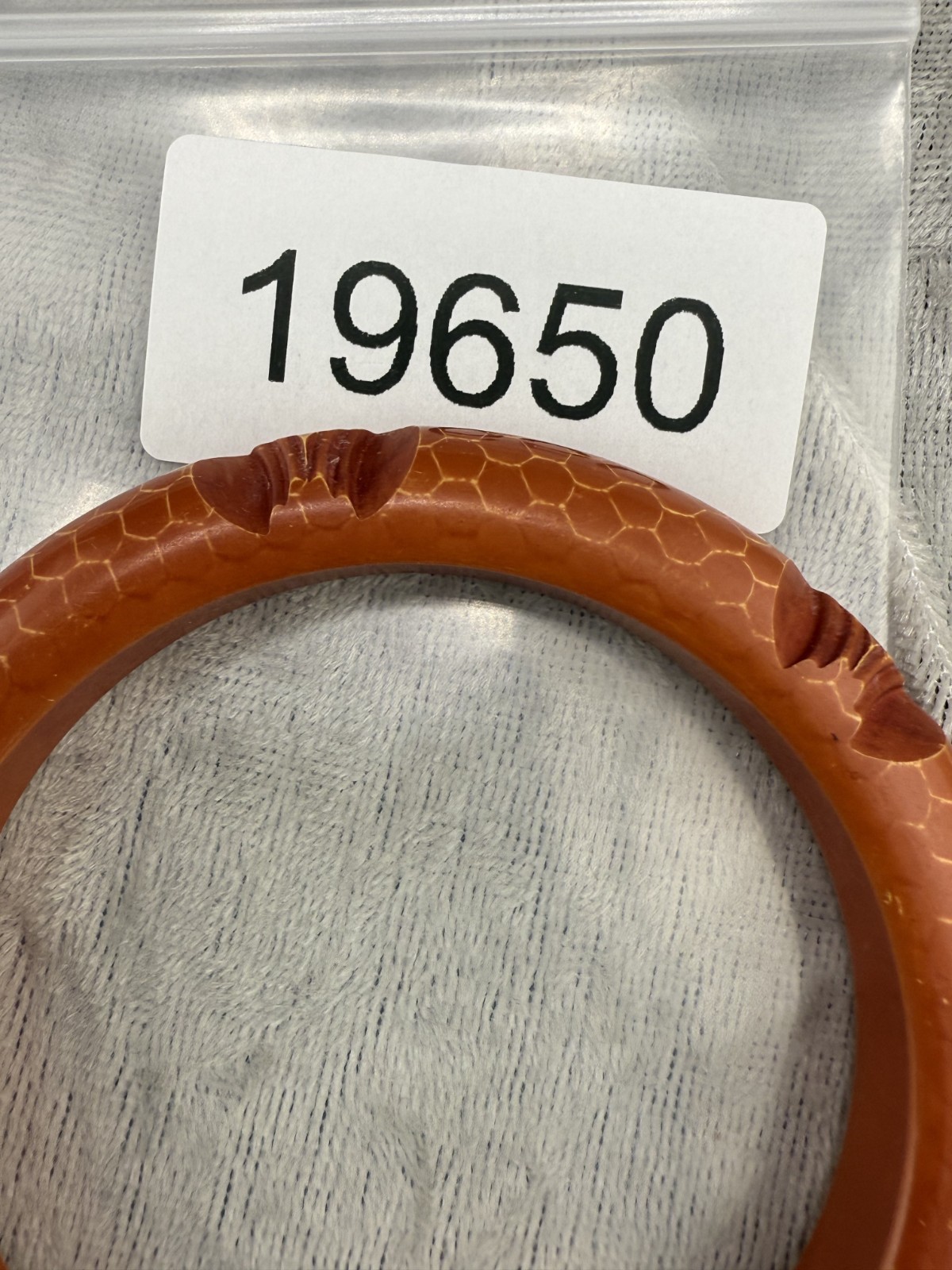Vintage Bangle Bracelet Carved Orange Snakeskin Print 8″
