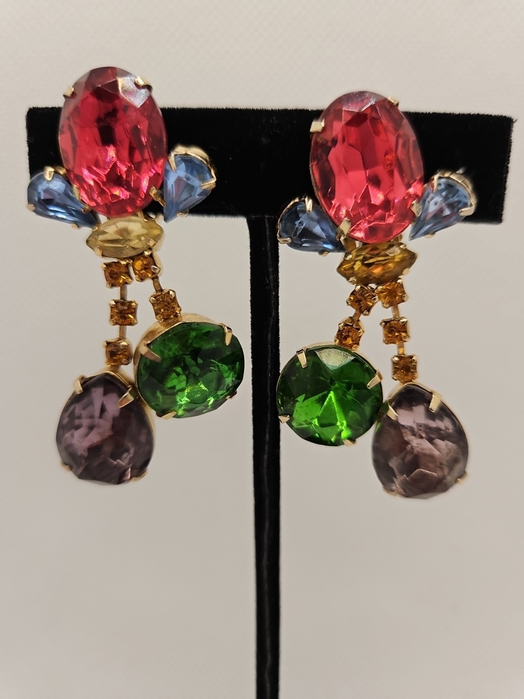 Vintage Chandelier Large Brooch & Earrings Multicolor Rhinestones Set