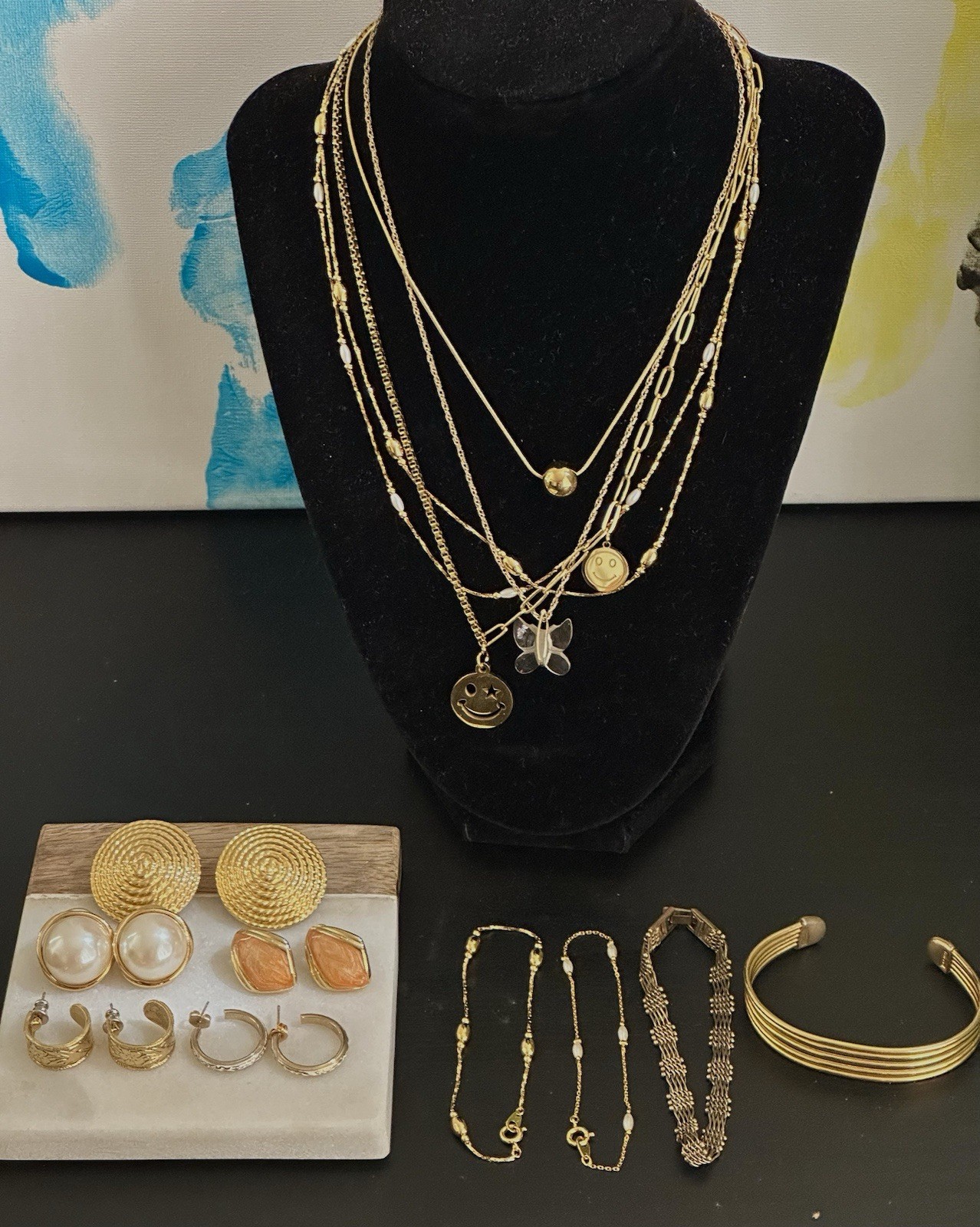 Vintage To Now Gold Tone Lot Necklace Bracelet Earrings Faux Pearl Enamel Glass