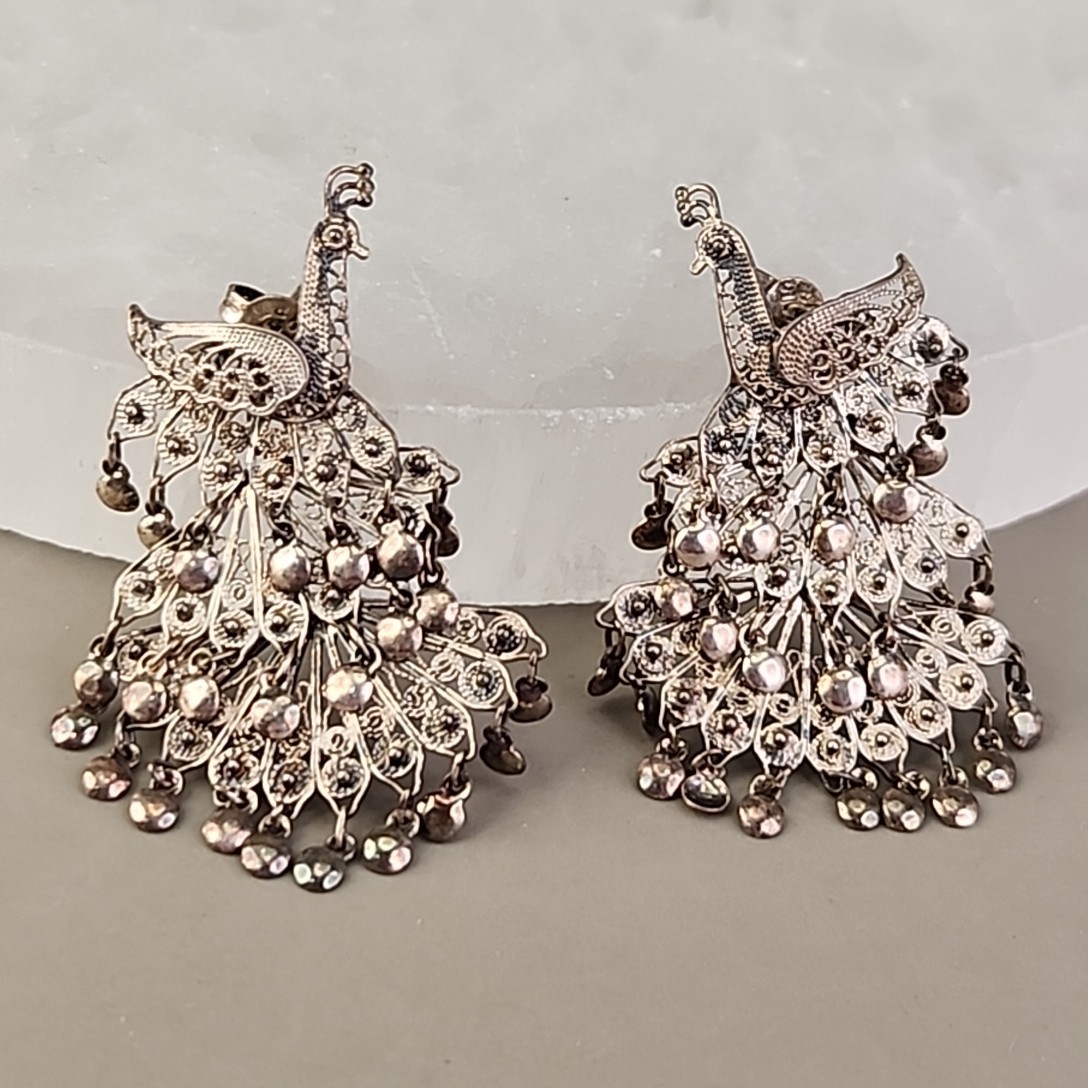 Vintage Sterling Silver Peacock Earrings Cannetille Filigree Articulated Dangles