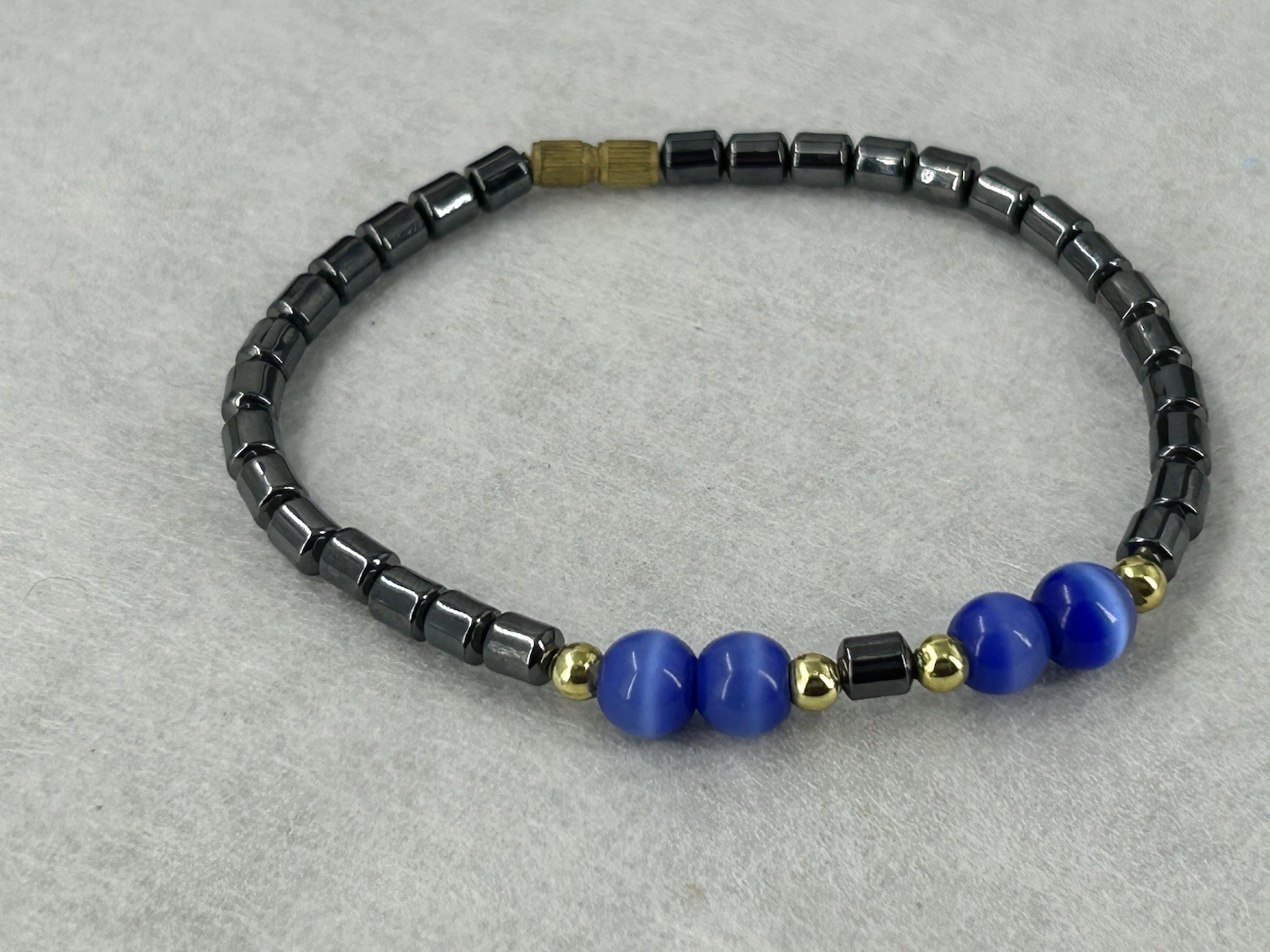 Handmade Bracelet Natural Hematite Deep Blue Glass Cat Eye Beads