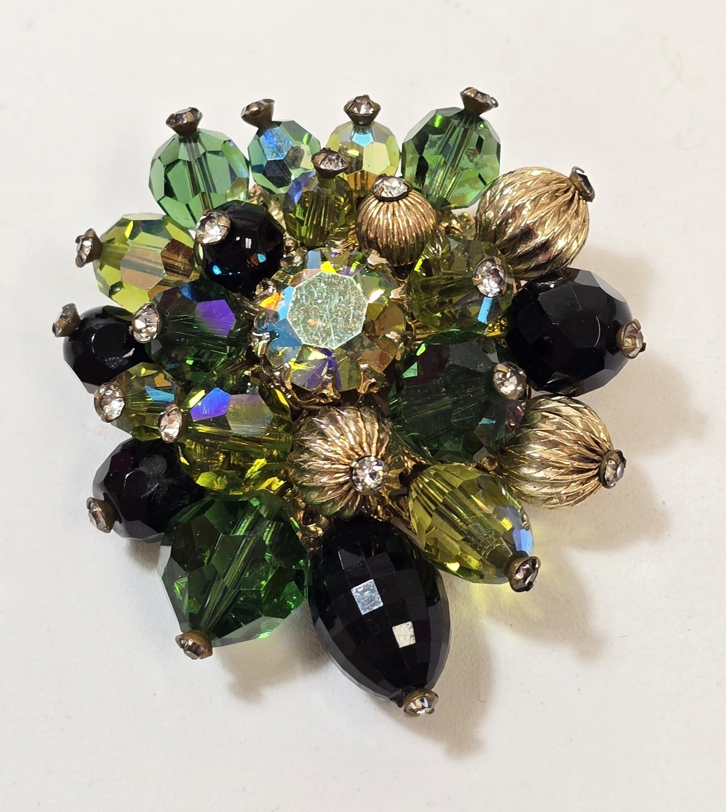 Vintage Vendome Brooch Hreen AB Black Crystal Gold Beads Rhinestones