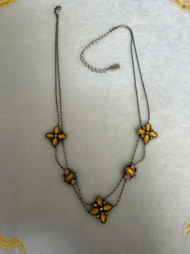 1928 Yellow Floral Rhinestone Station Necklace 16″ + 3″ Extender