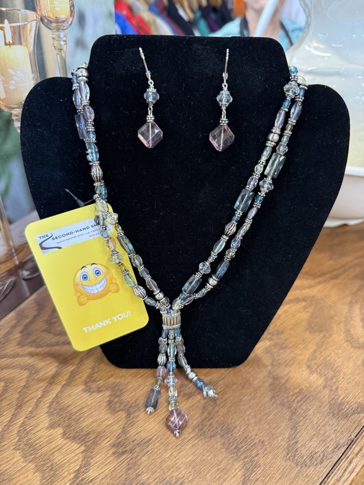 Vintage Signed Napier Iridescent Bead Lariat Necklace & Pink Drop earrings Set