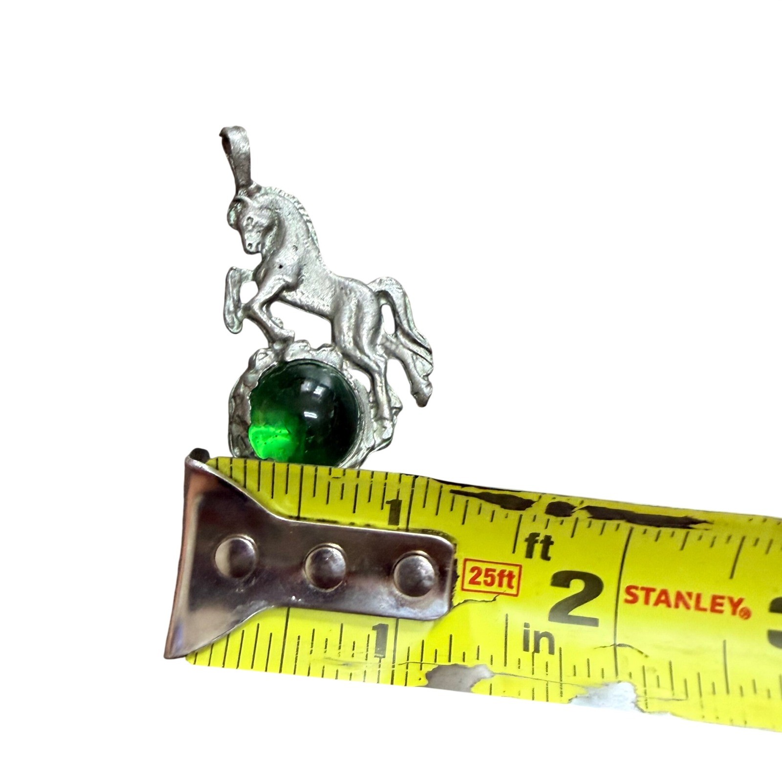 Vintage Pewter Unicorn Pendant Green Glass Orb Fantasy Mythical Silver Tone