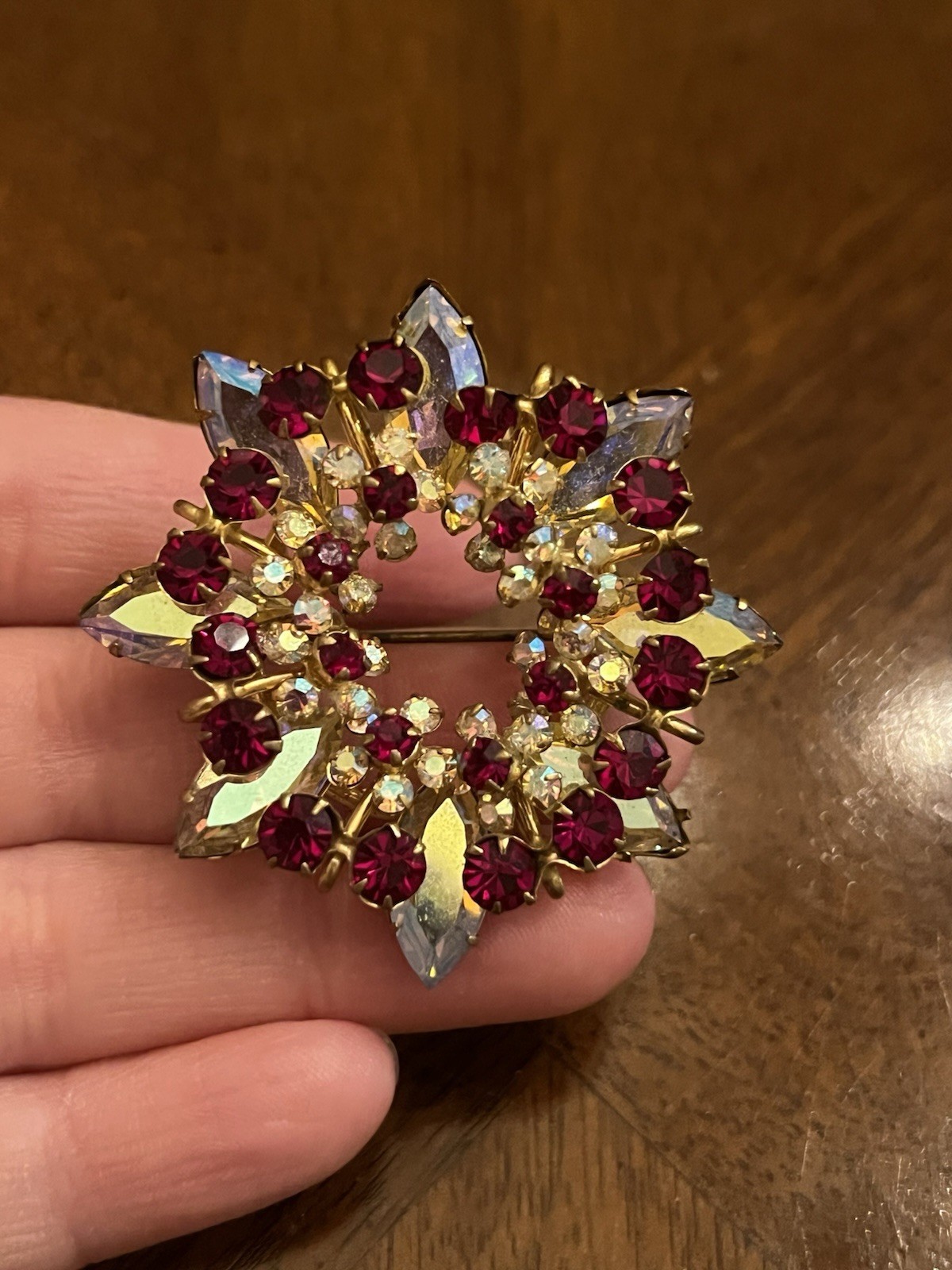 Vintage Austrian Red & Clear AB Rhinestone Floral Wreath Brooch Gold Tone Nice!