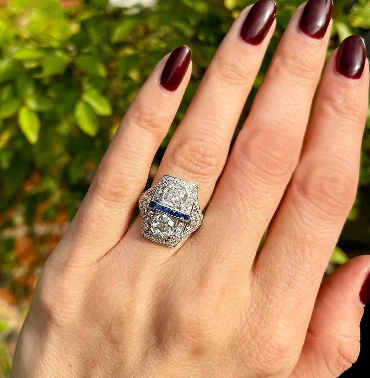 Art Deco Style 3Ct Lab Created Diamond &Sapphire Halo 14K White Gold Finish Ring
