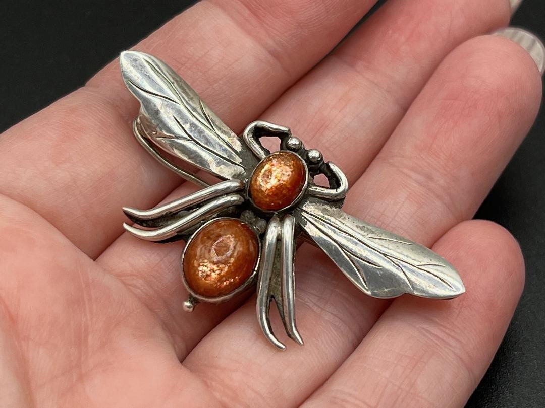 Vintage 925 Sterling Silver Orange Sunstone Fly Bug Insect Brooch Pin Figural 3D