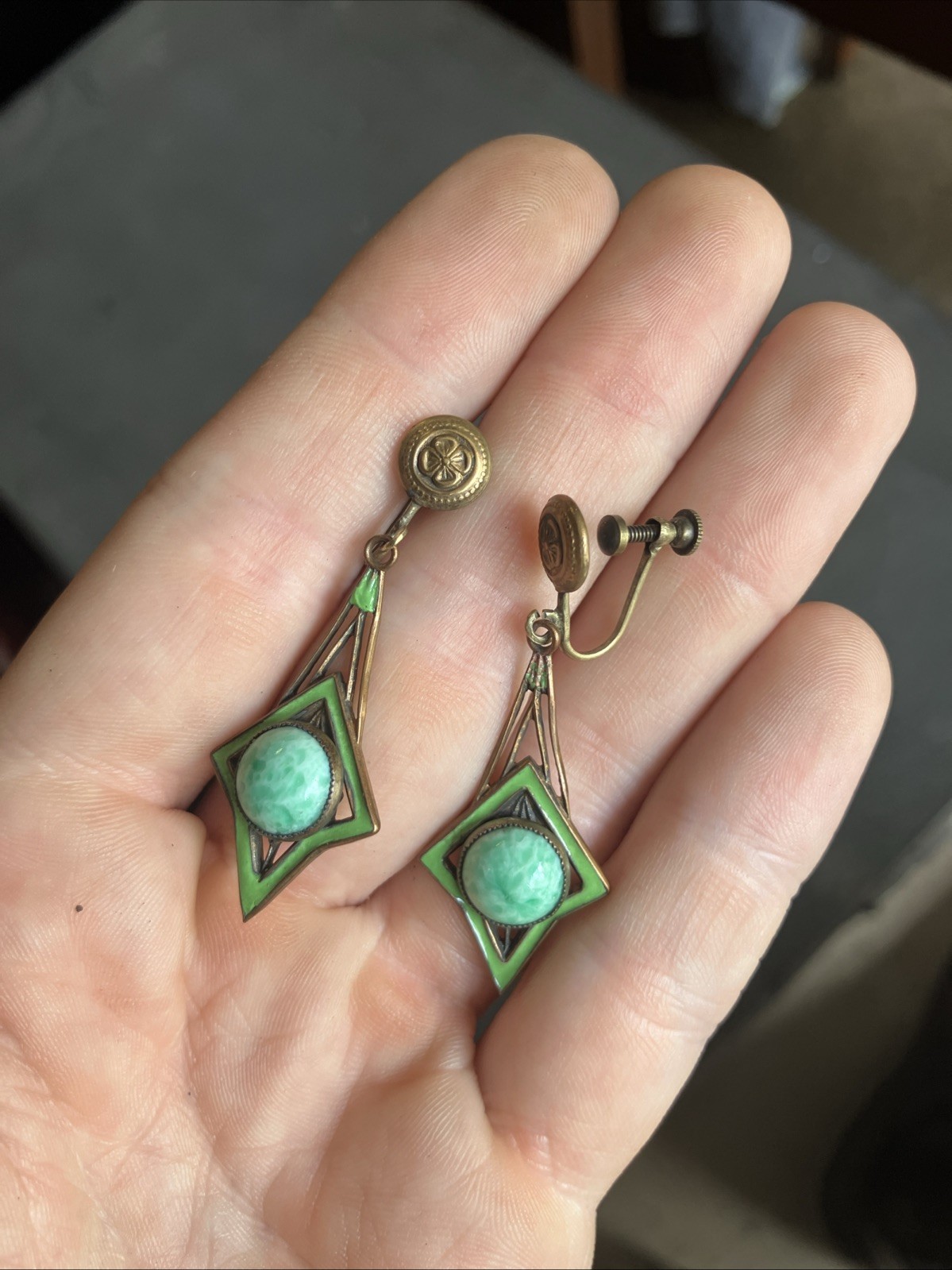 1920s Art Deco Dangle Earring Green Enamel And Stone Brass Clover Screw Back