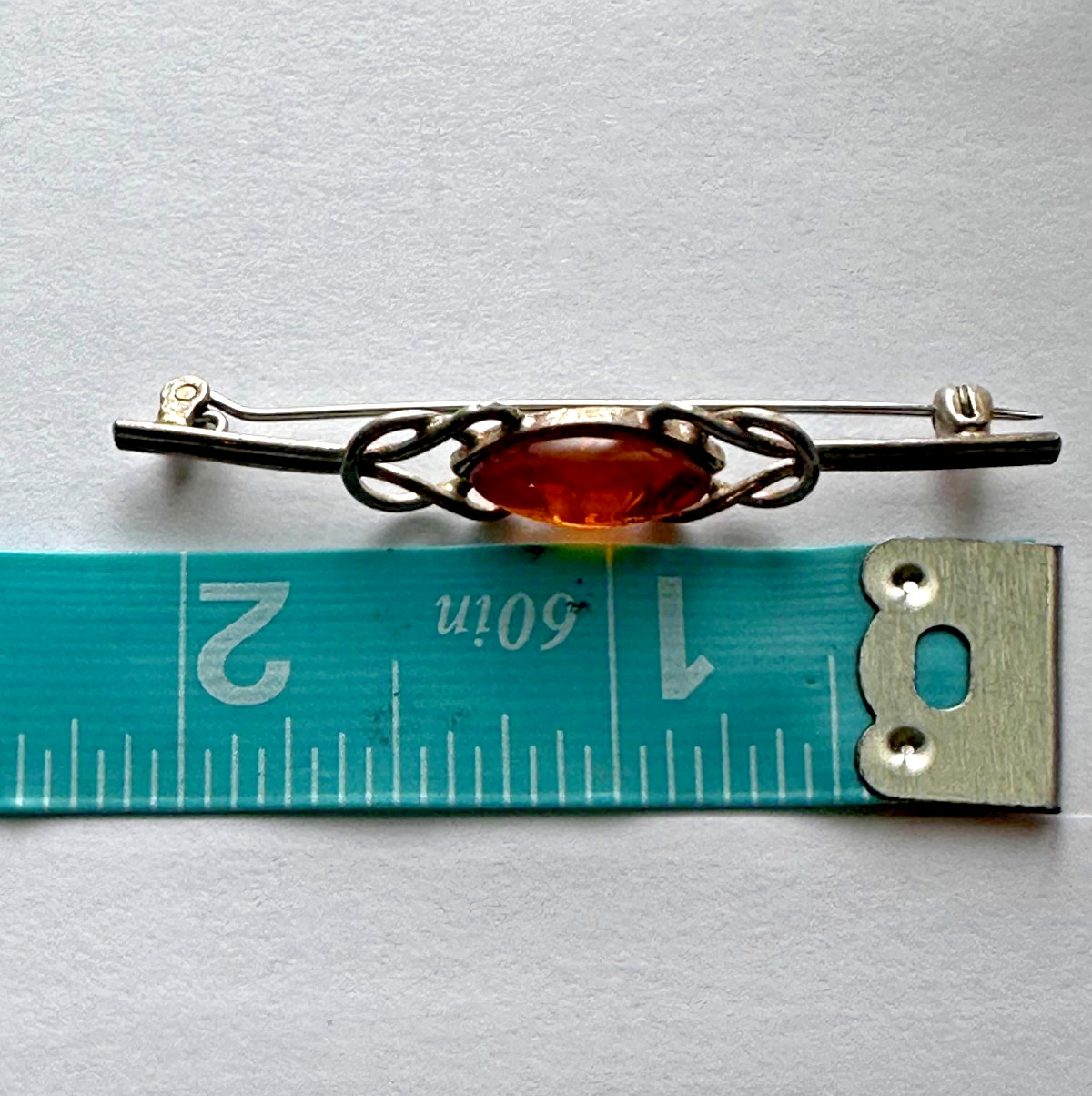 Vintage Sterling Silver 925 Amber Bar Brooch Celtic Knot Design 2″ Pin