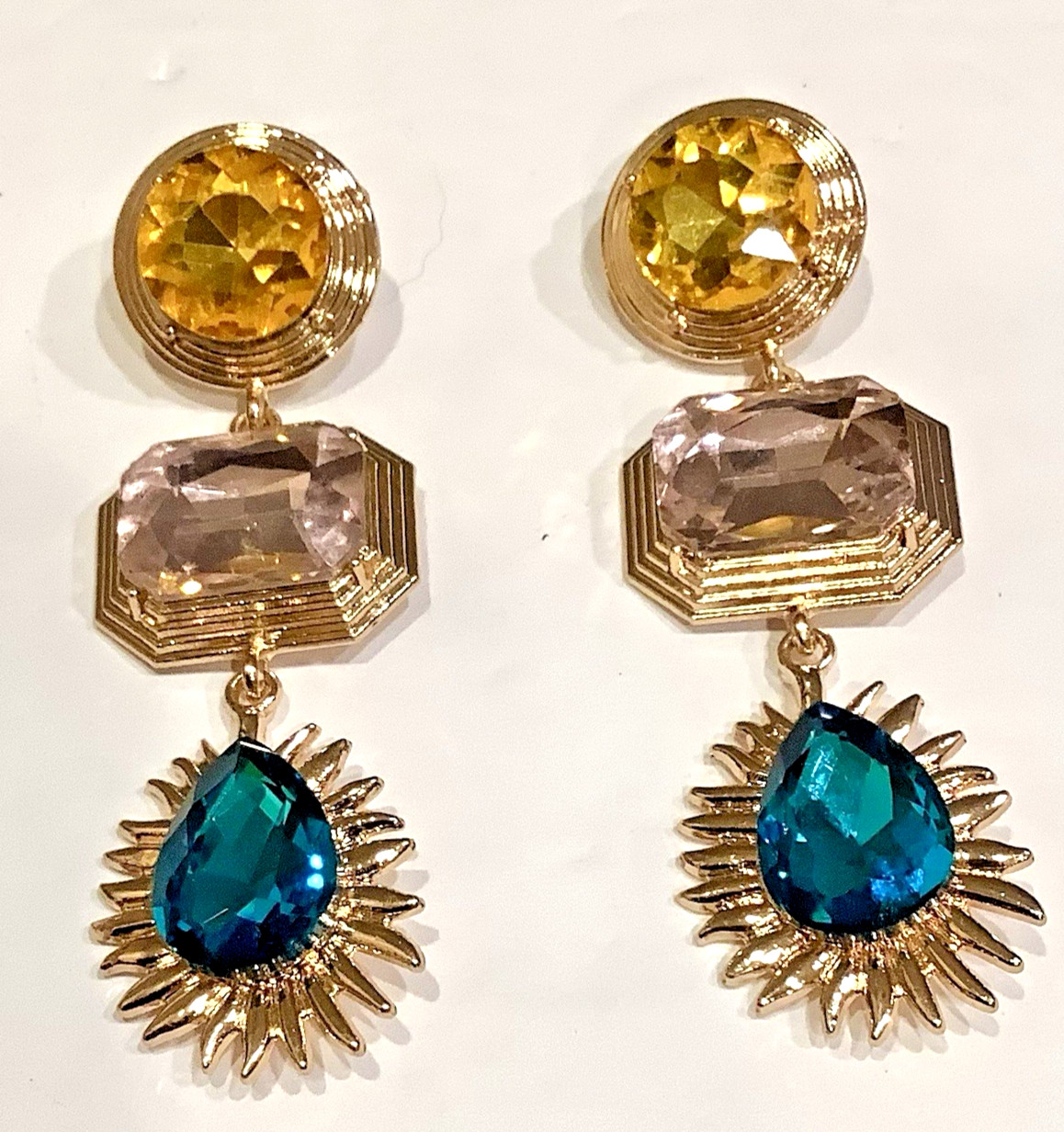 Big Glass Earrings Vintage DANGLE DROP Chunky Pierced Topaz Pink Green Golden