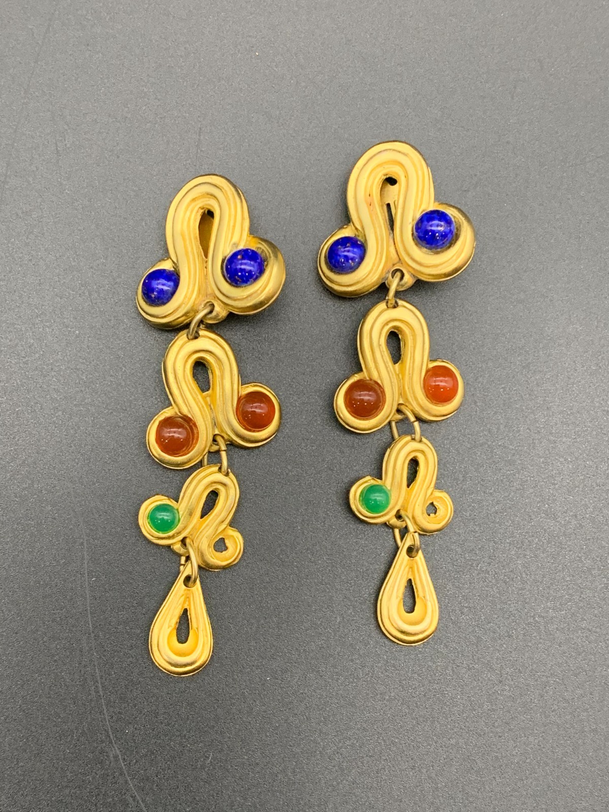 Vintage Blanca Matte Gold Plated Green Orange Blue Long Earrings (760)